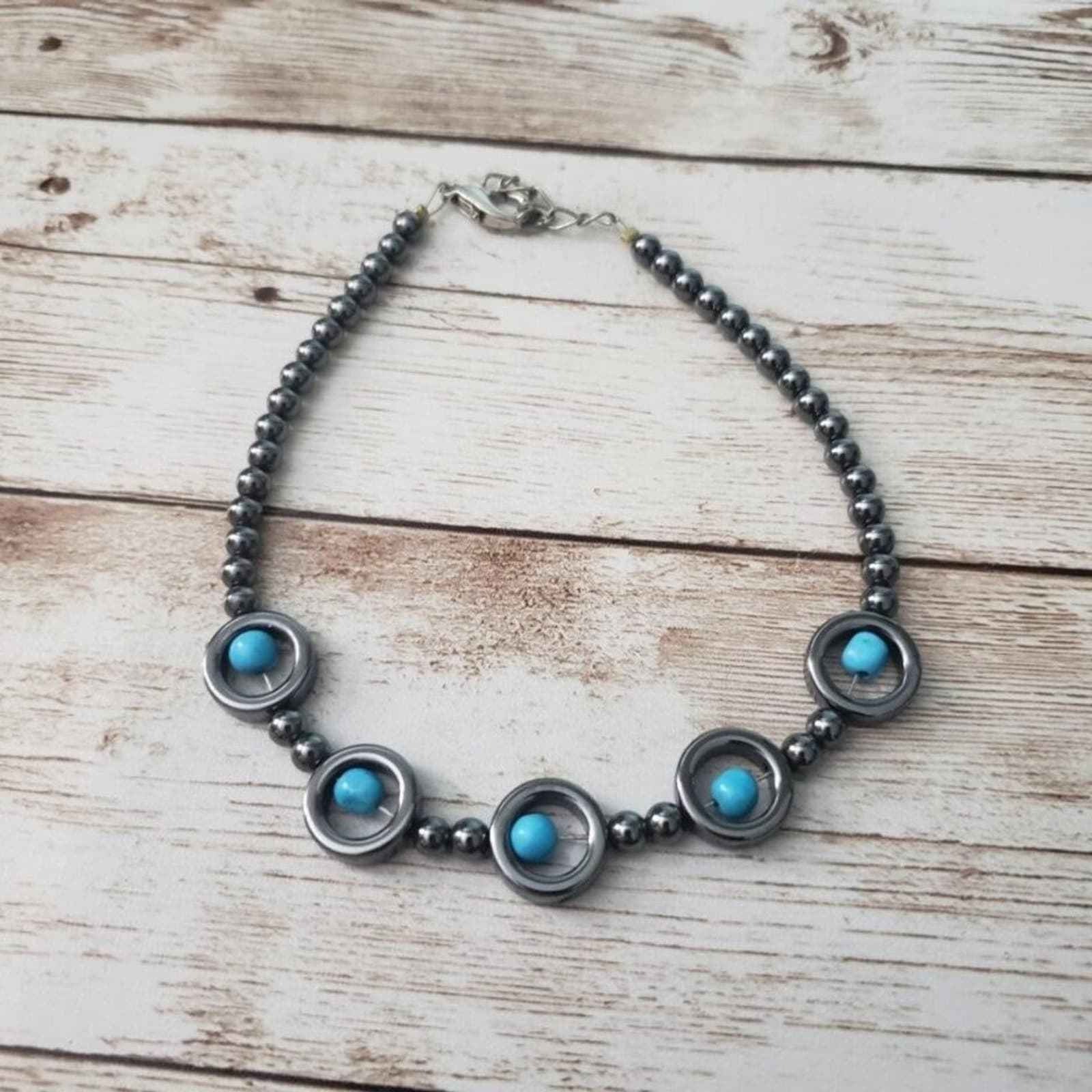 Dark Grey Metallic Beads - Turquoise Tone Beads Bracelet Clasp Closure