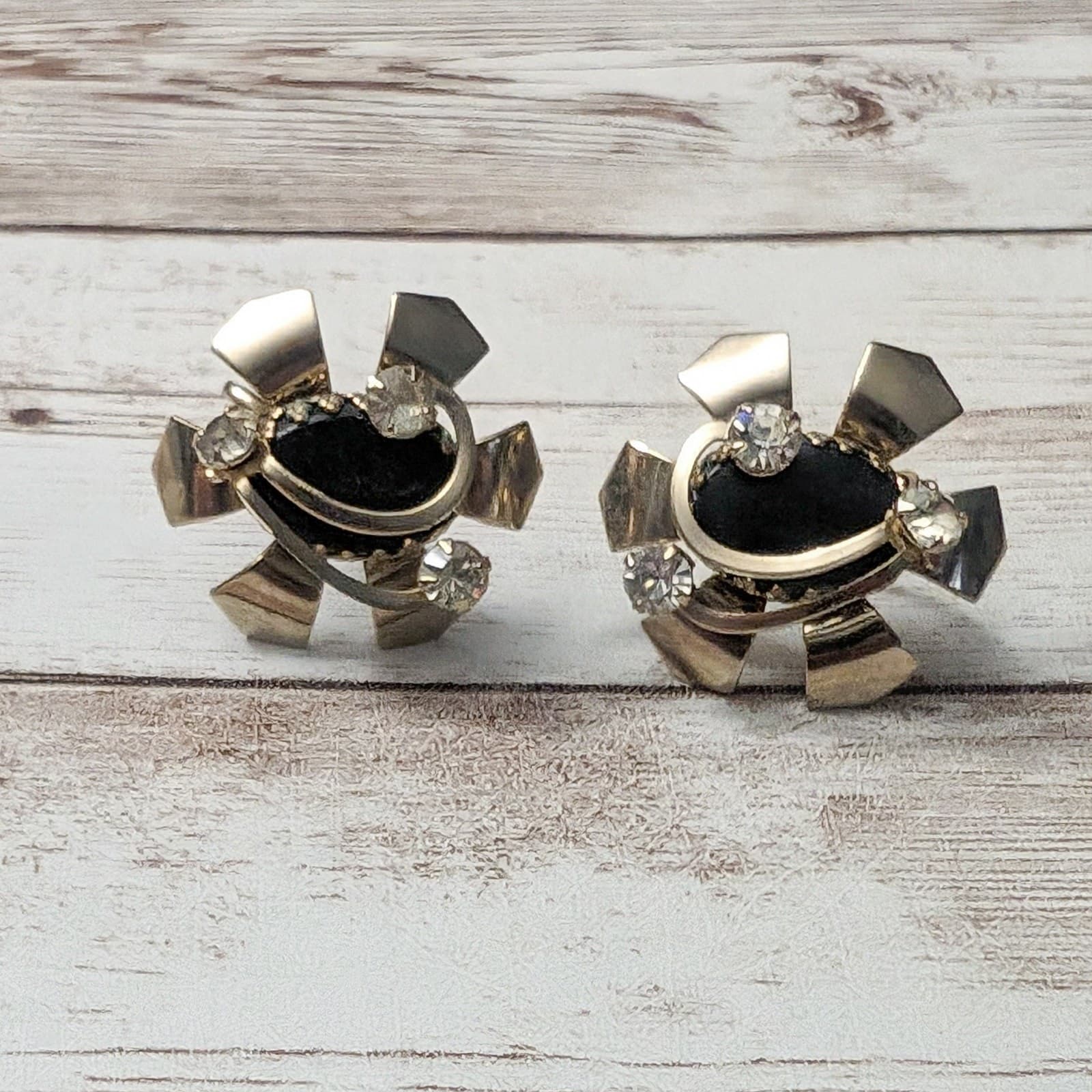 Vintage Screw Back Earrings Large Statement Gold Tone, Black, Clear Gem