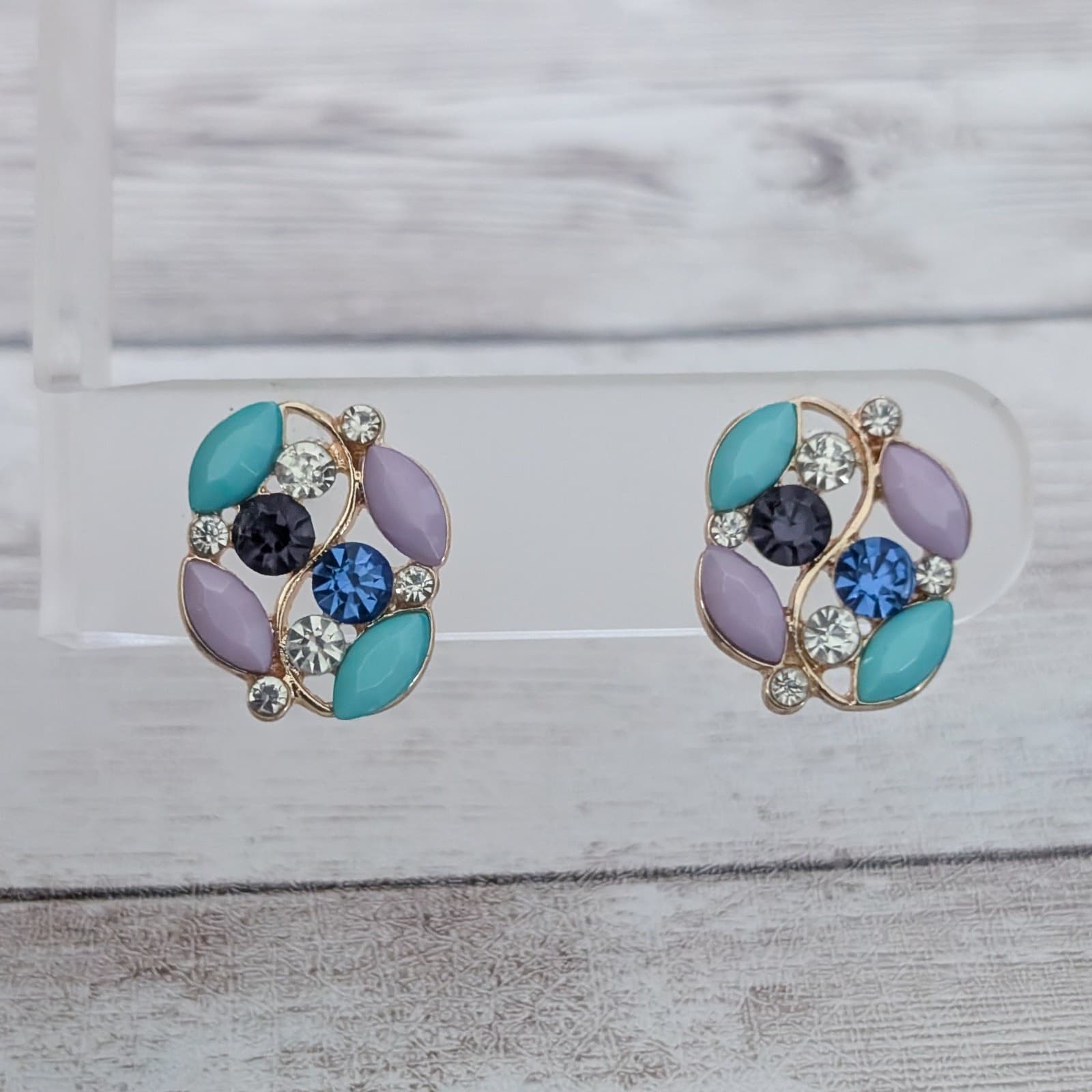 Vintage Stud Earrings Pastel Tones with Clear Gems