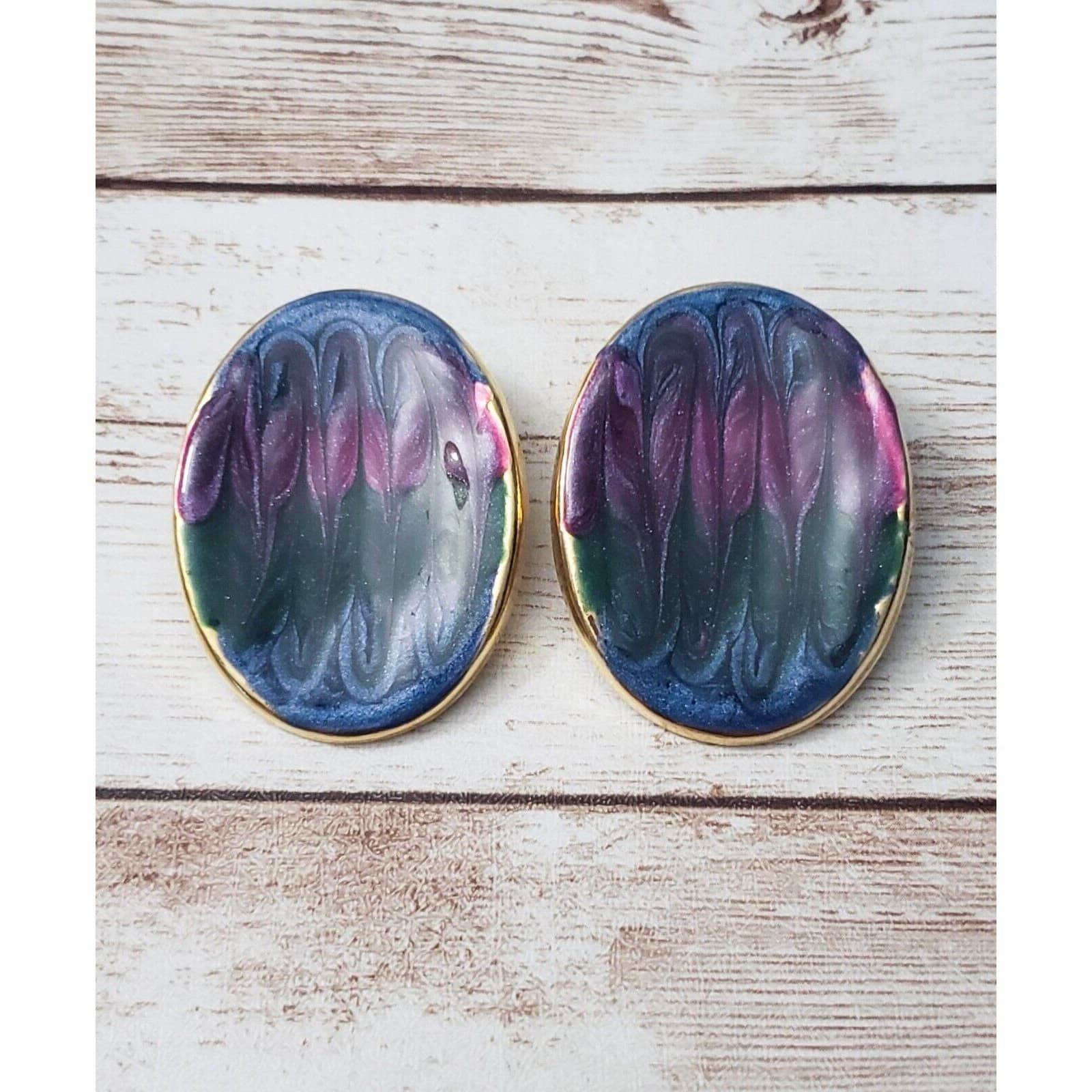 Vintage Clip On Earrings - Oval Multi Tone Large Statement Earrings