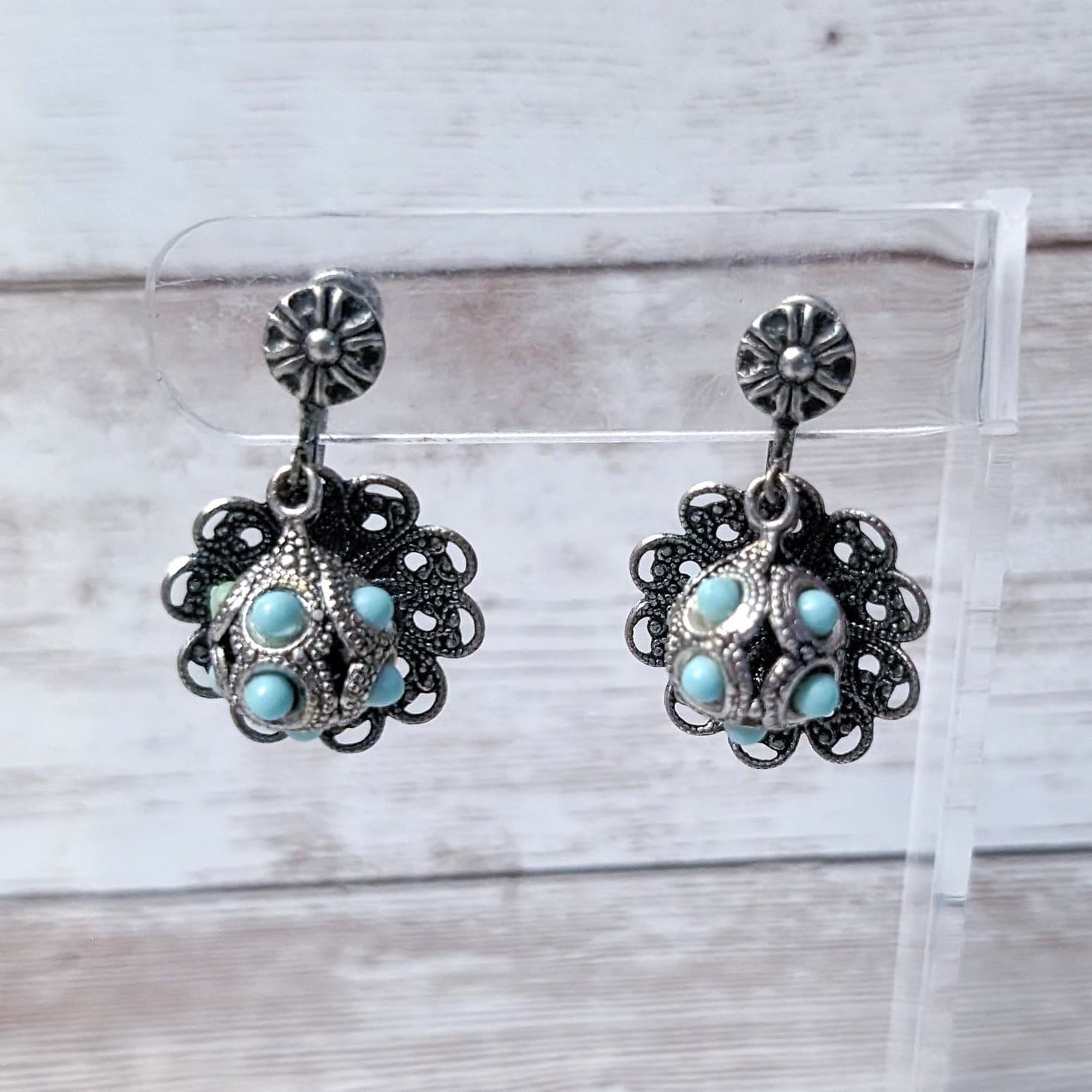 Vintage Screw Back Earrings Dark Silver Tone & Turquoise Tone Dangle