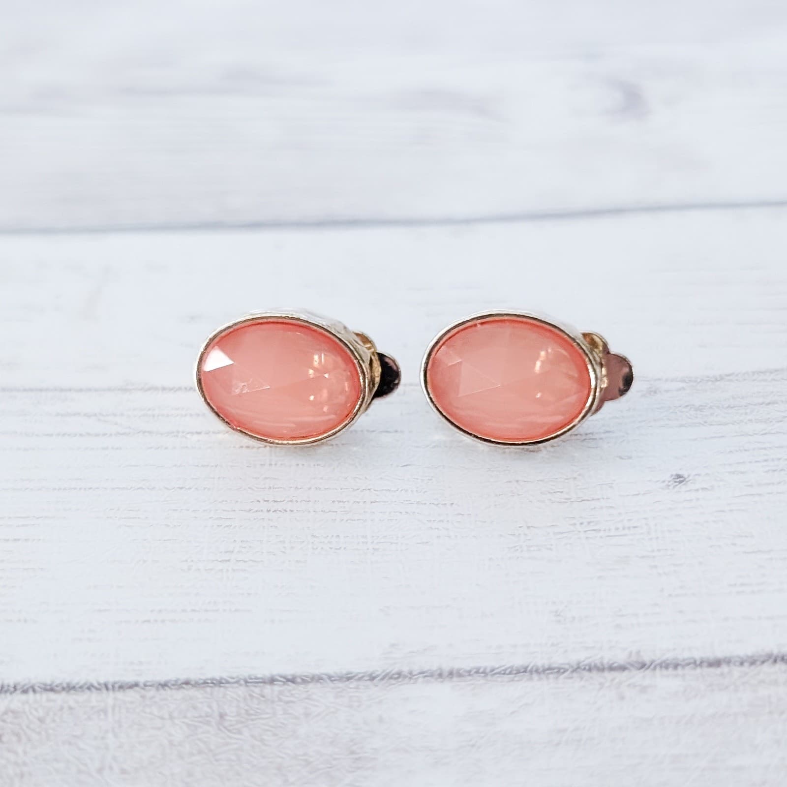 Vintage Clip On Earrings Elegant Peach Gem with Gold Tone Halo