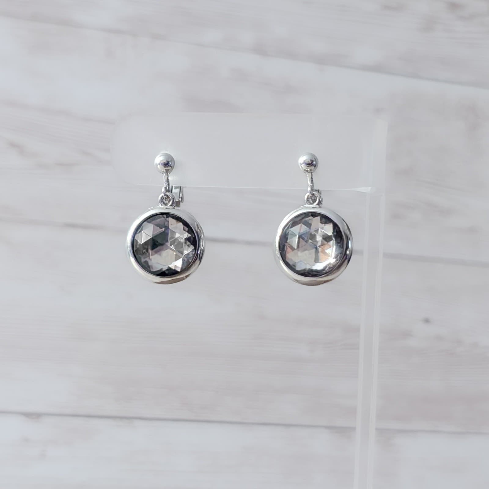 Vintage Clip On Earrings Silver Tone with Grey Center Dangle