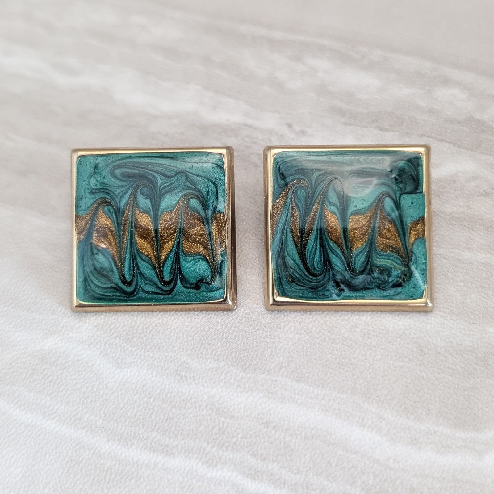 Vintage Stud Earrings Large Statement Square Green, Brown, Gold Tones