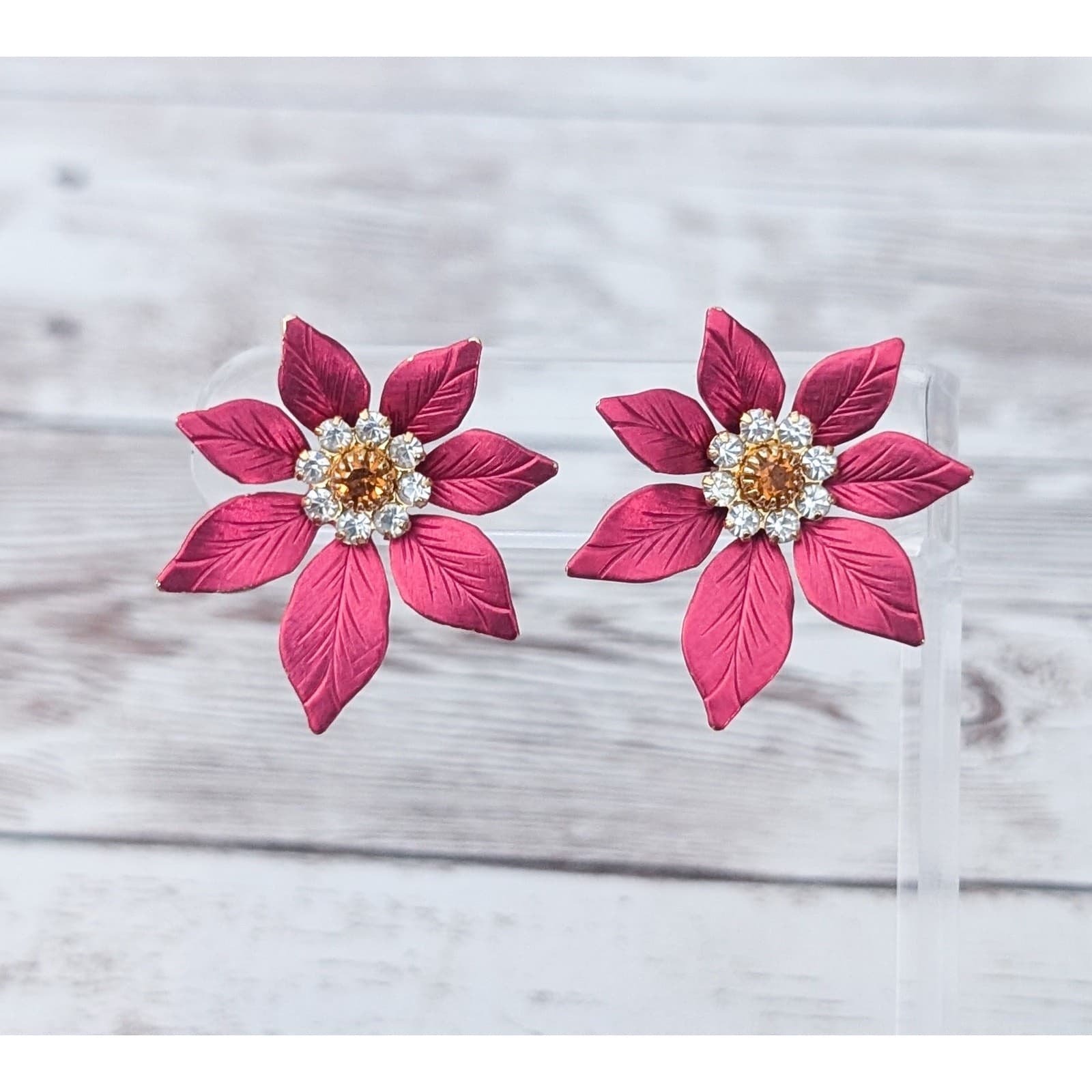 Vintage Stud Earrings Extra Large Red Flower Stunning 1.25"