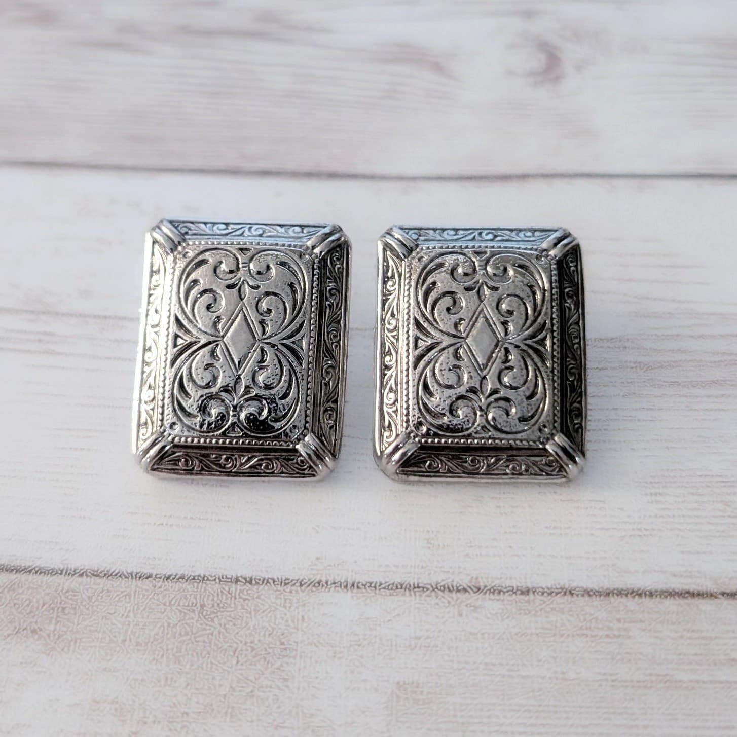 Vintage Stud Earrings Large Silver Tone Ornate Rectangle