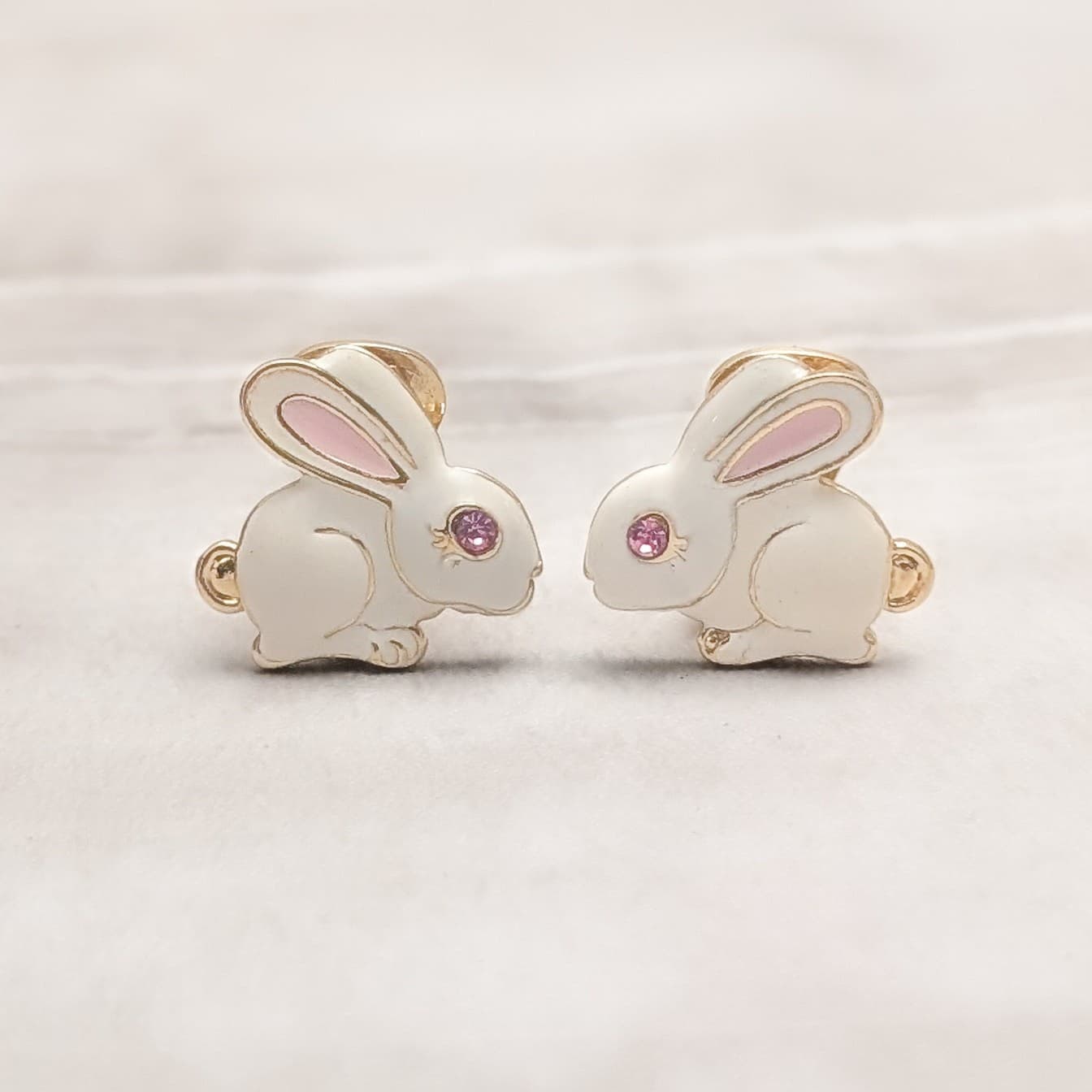 Vintage Clip On Earrings Enamel White Rabbit - Easter Theme - Animal / Whimsical
