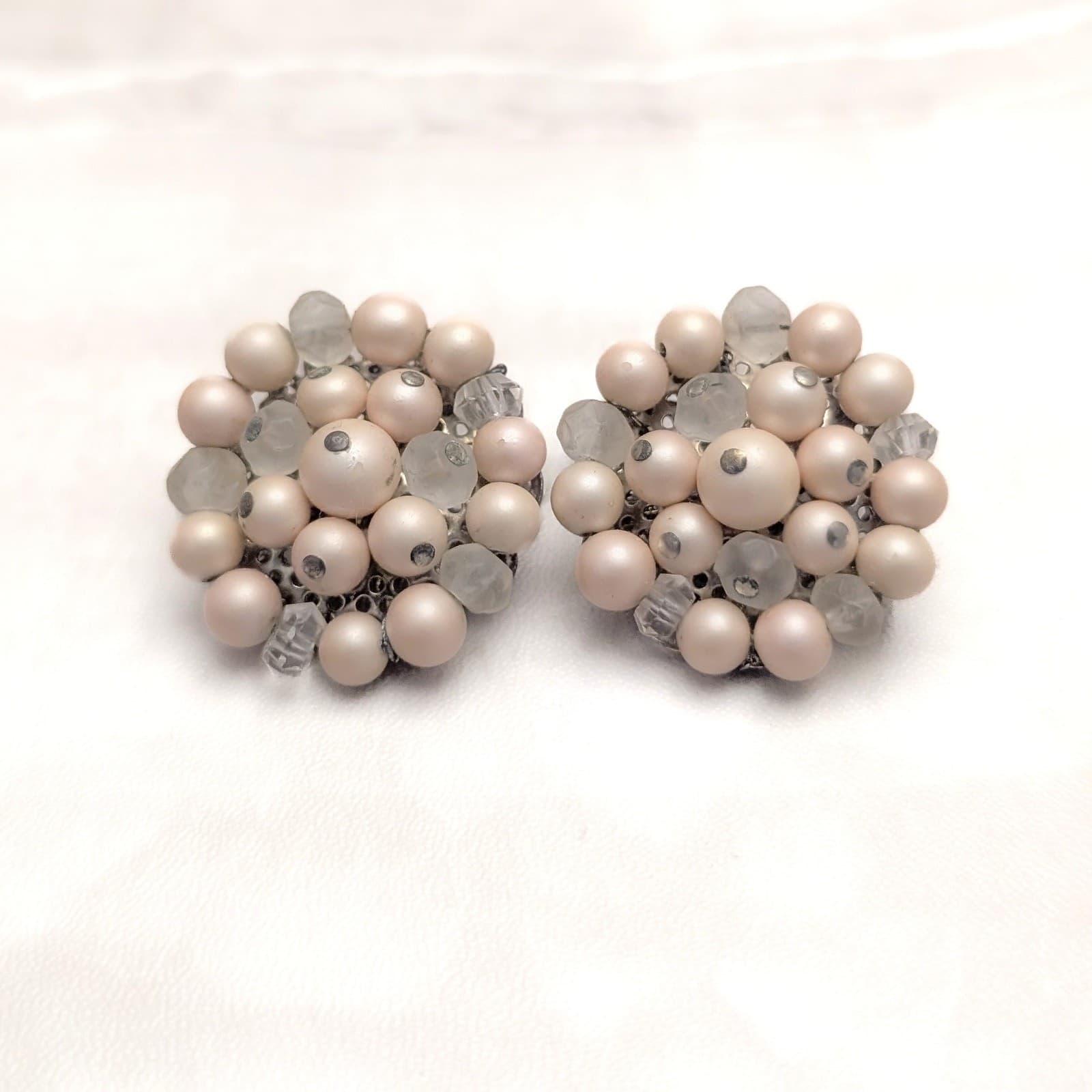 Vintage Clip On Earrings Large Soft Light Dusky Pink & Frosted Beads - Japan