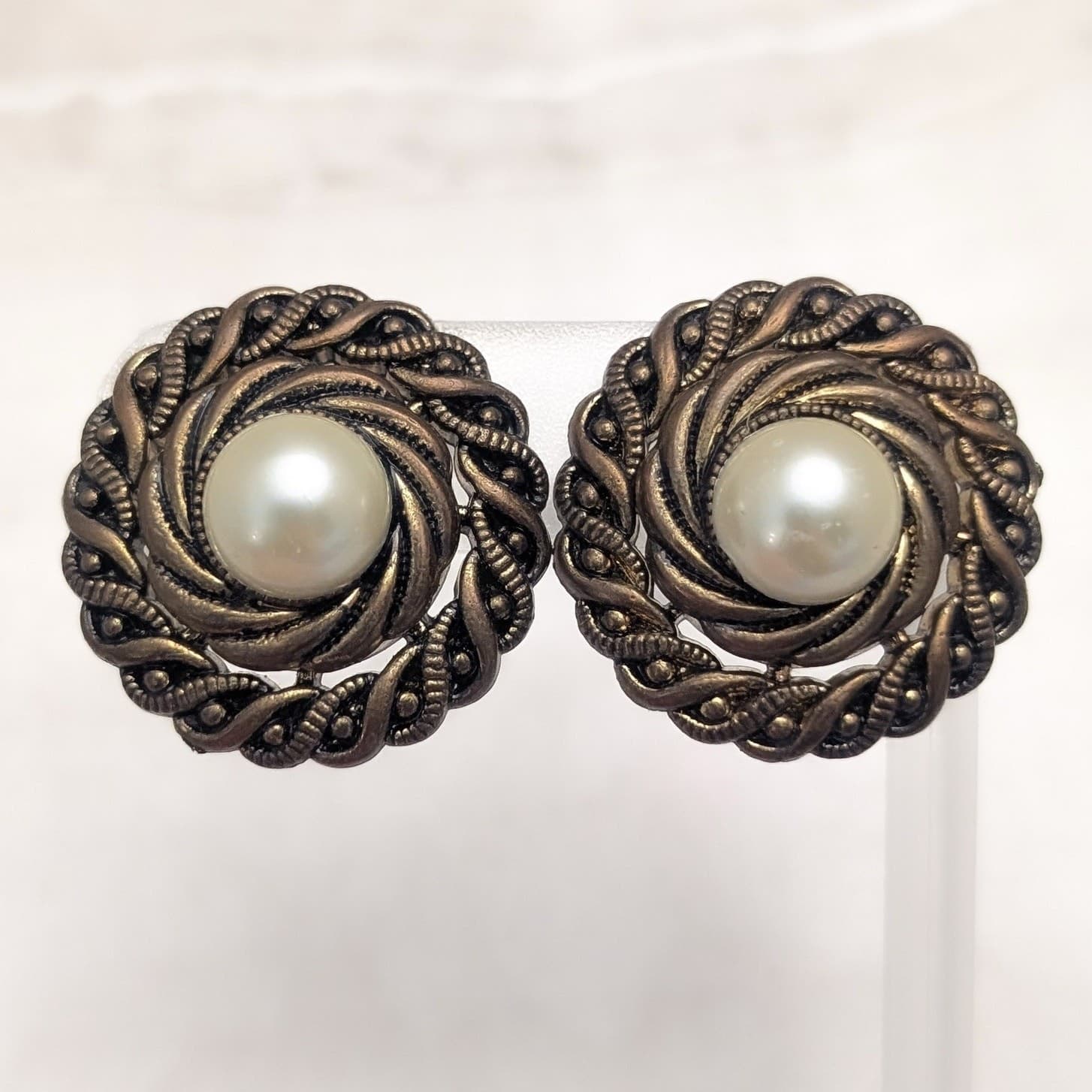 Vintage Clip On Earrings Large Chunky Statement Dark Bronzeish Tone Faux Pearl