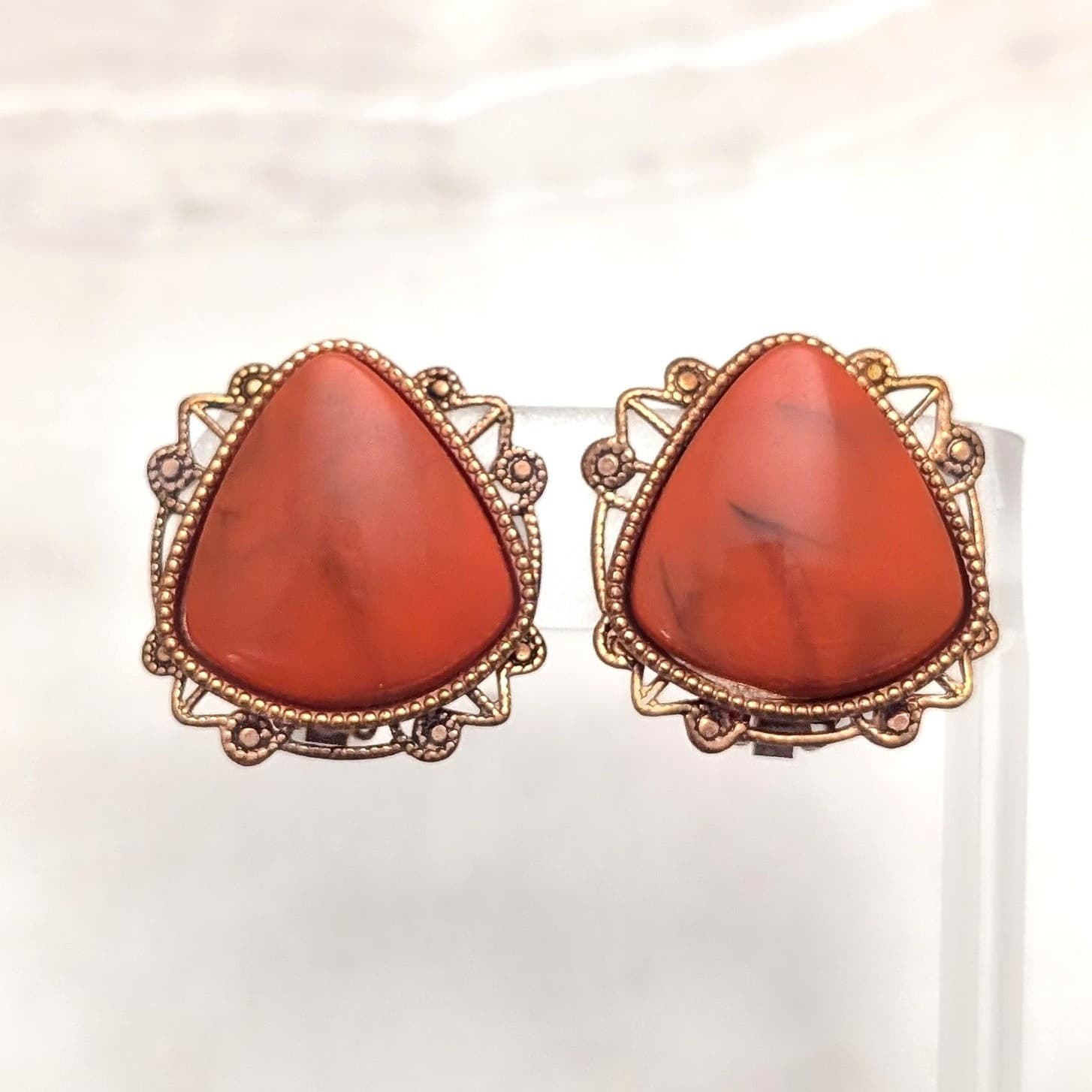 Vintage Clip On Earrings Statement Dark Orange and Copper Tone Large Regal
