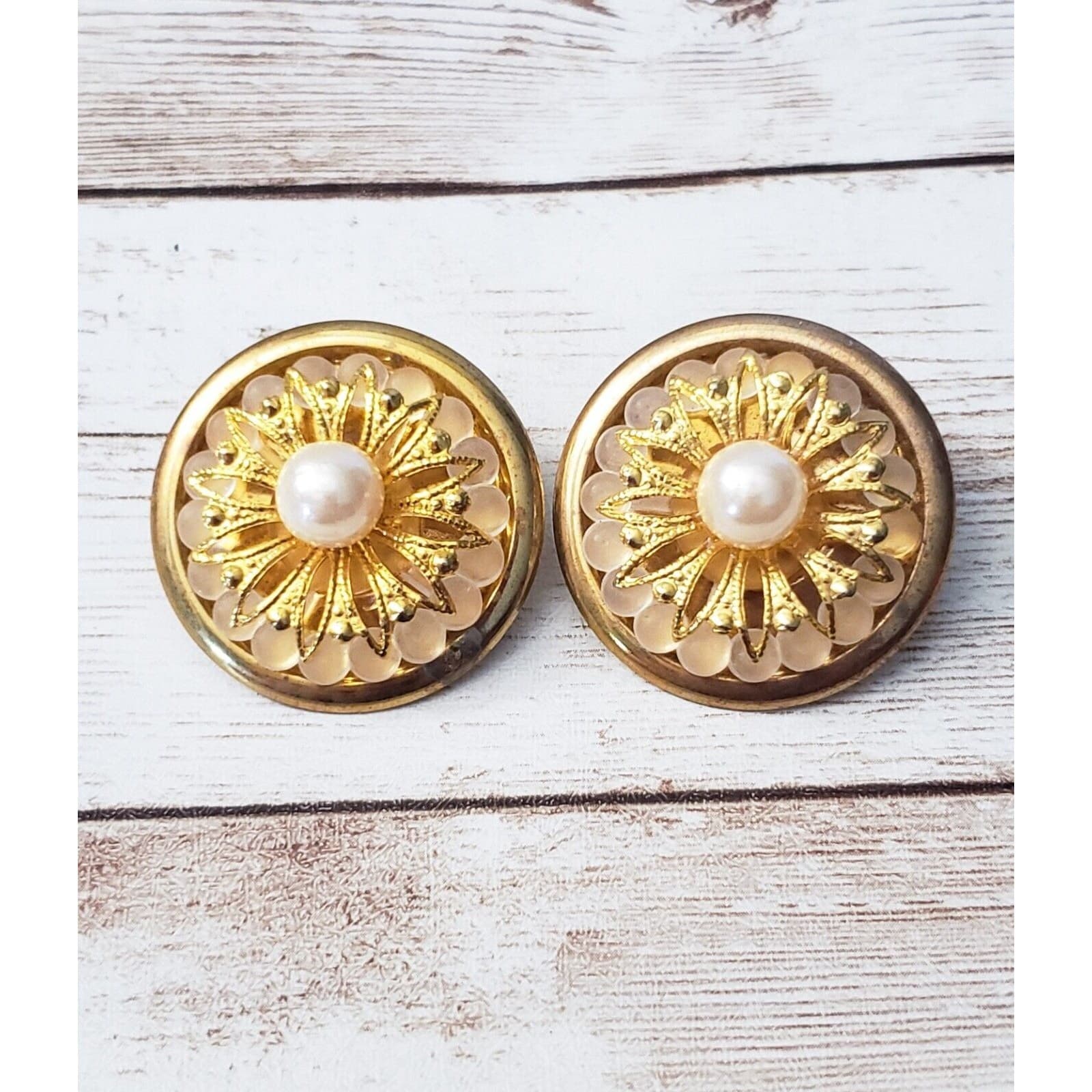 Vintage Clip On Earrings - Ornate Gold Tone & Faux Pearl