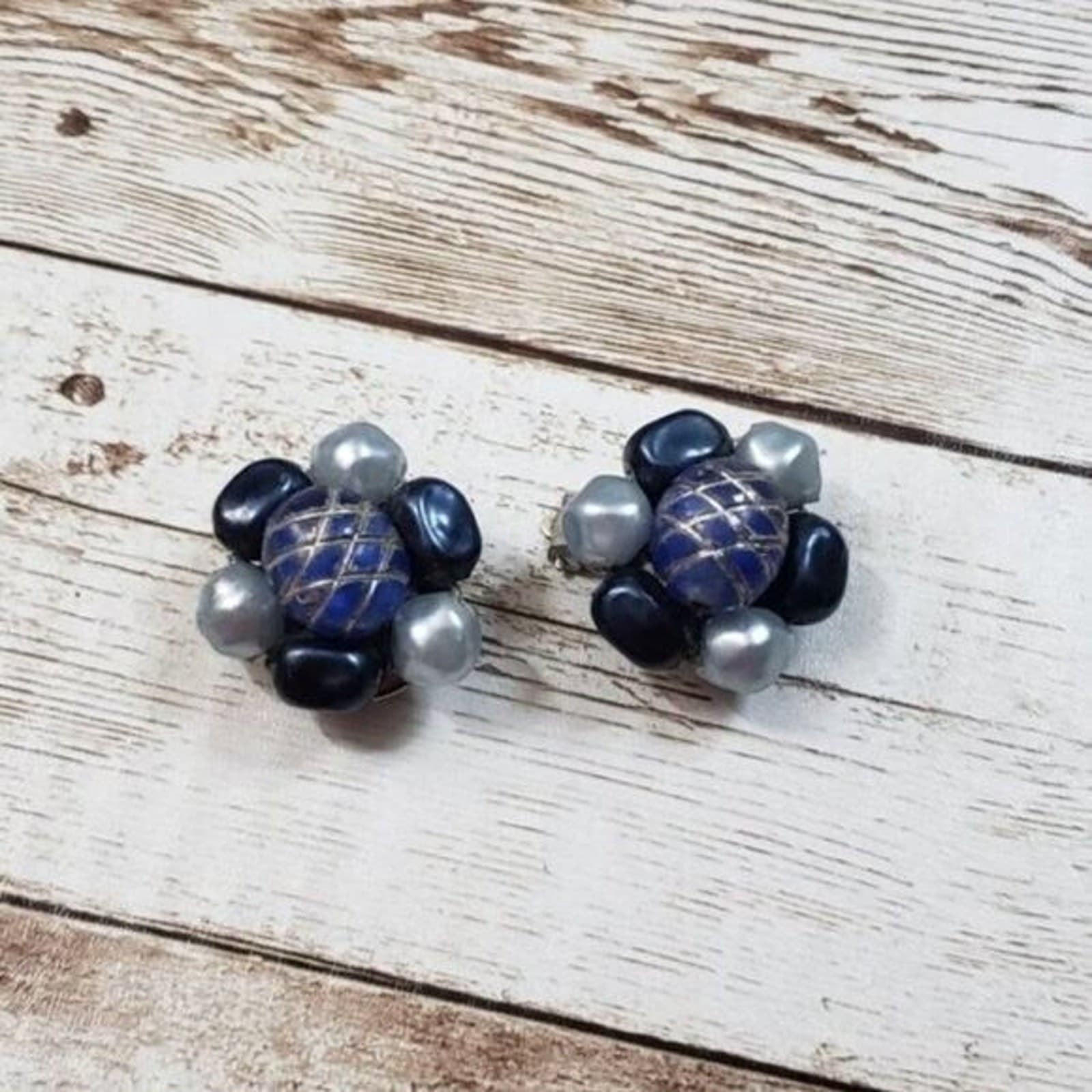 Vintage Clip On Earrings Tones of Blue Flower Just Over 1"