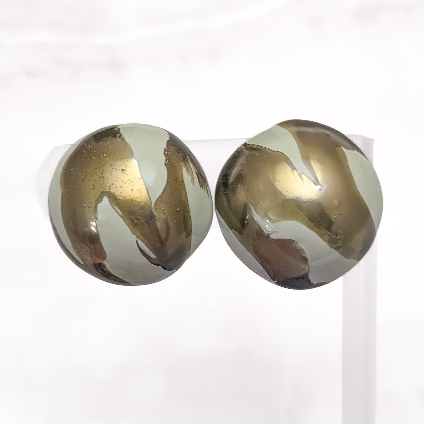 Vintage Clip On Earrings Brass Tone & Muted Dusky Green Large Domed 1 & 1/8"