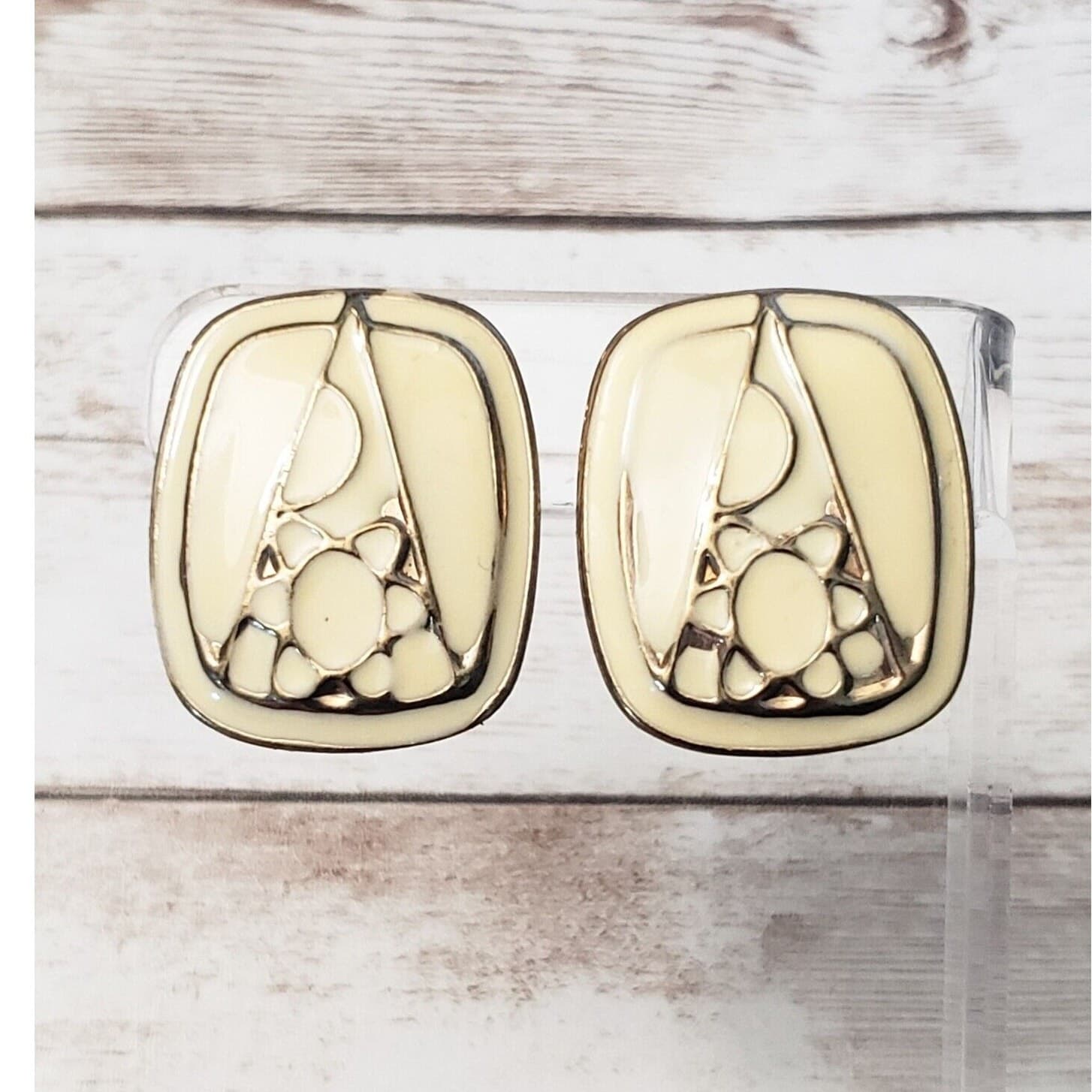 Vintage Clip On Earrings - Cream Geometric Style - 1.25"