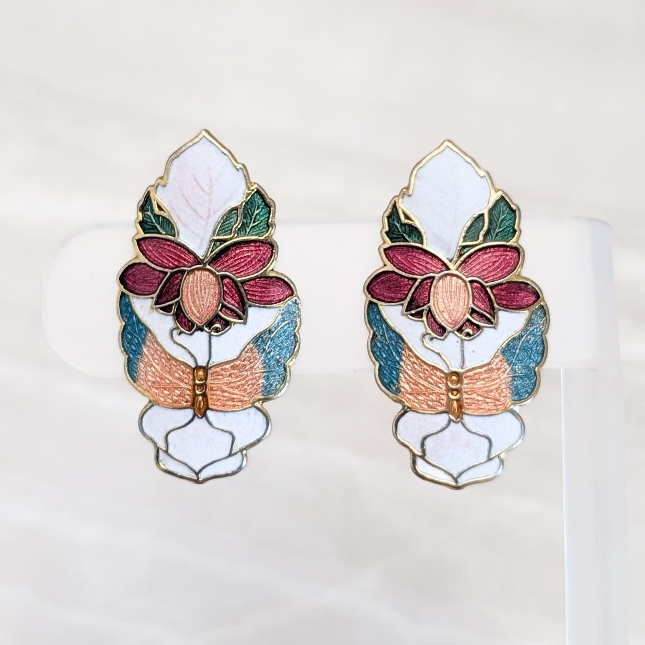 Vintage Clip On Earrings Cloisonné Flower Floral Statement