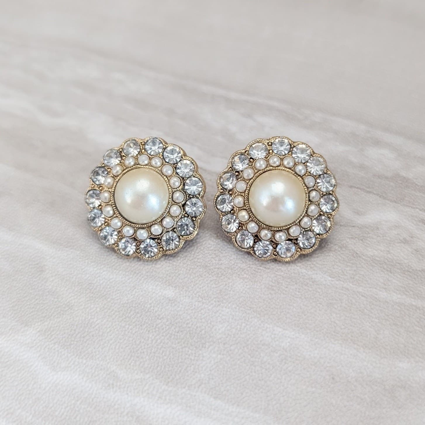 Vintage Stud Earrings 7/8" Regal Stylish Glam Faux Pearls, Clear Gems, Gold Tone