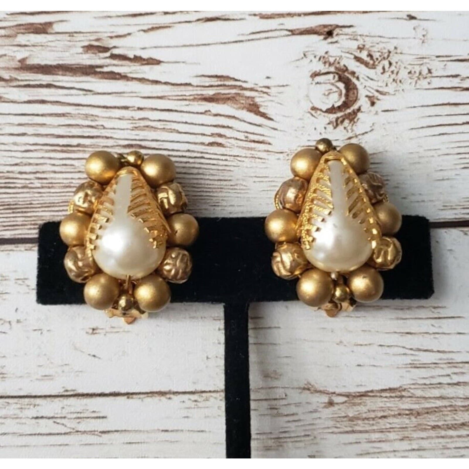 Vintage Clip On Earrings - Unusual Teardrop Shape Faux Pearl & Gold Tone
