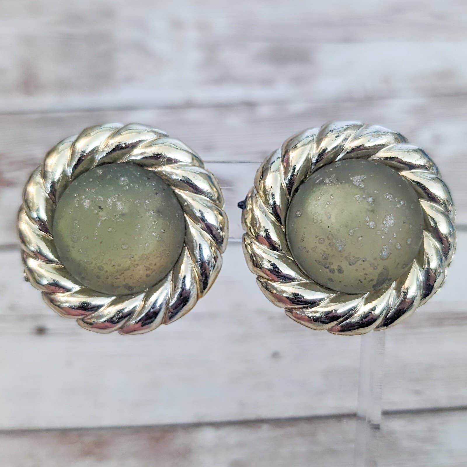 Vintage Clip On Earrings - 1.5" Speckled Green with Gold Tone Halo Statement