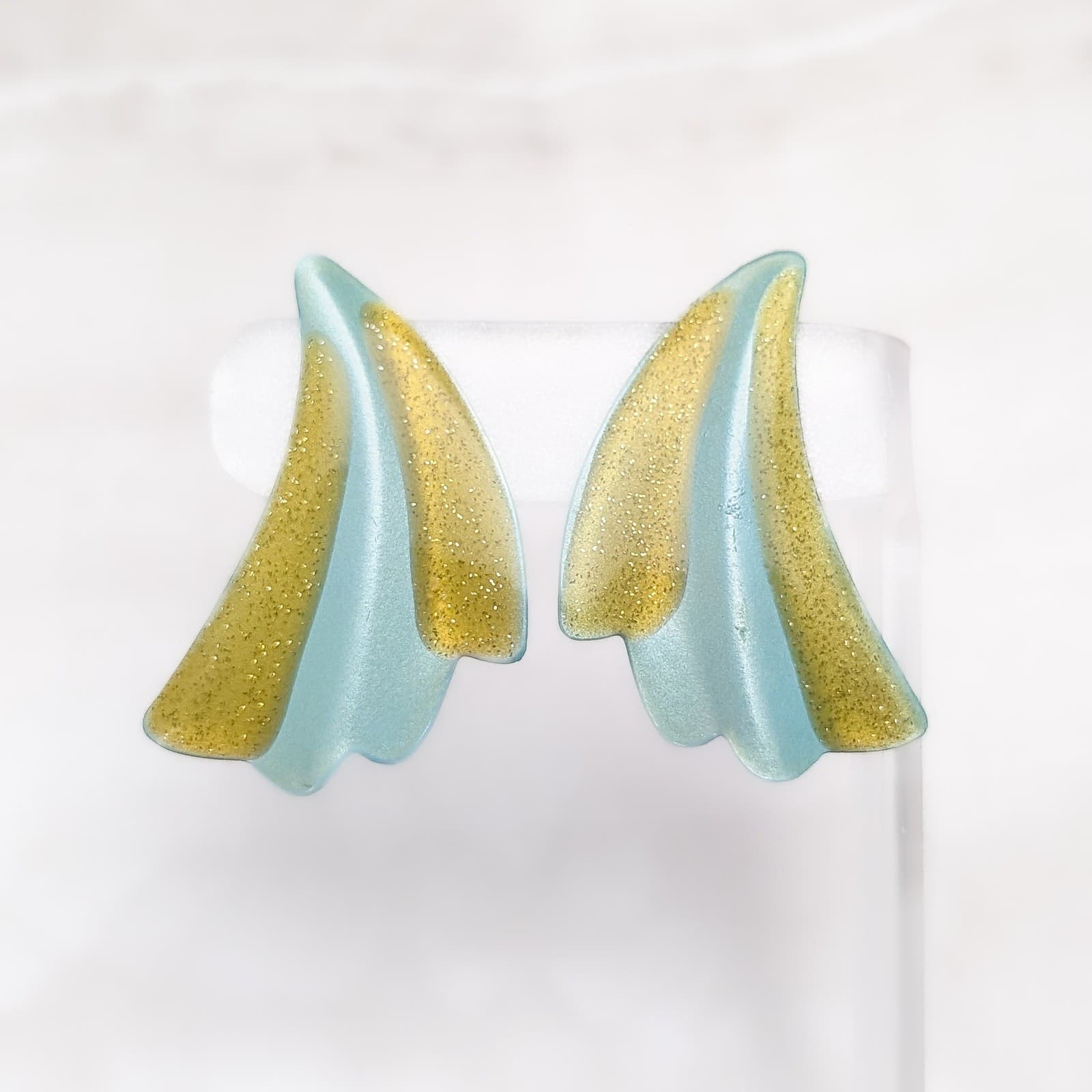 Vintage Clip On Earrings Extra Large 1.75" Seafoam & Yellow Glitter Retro