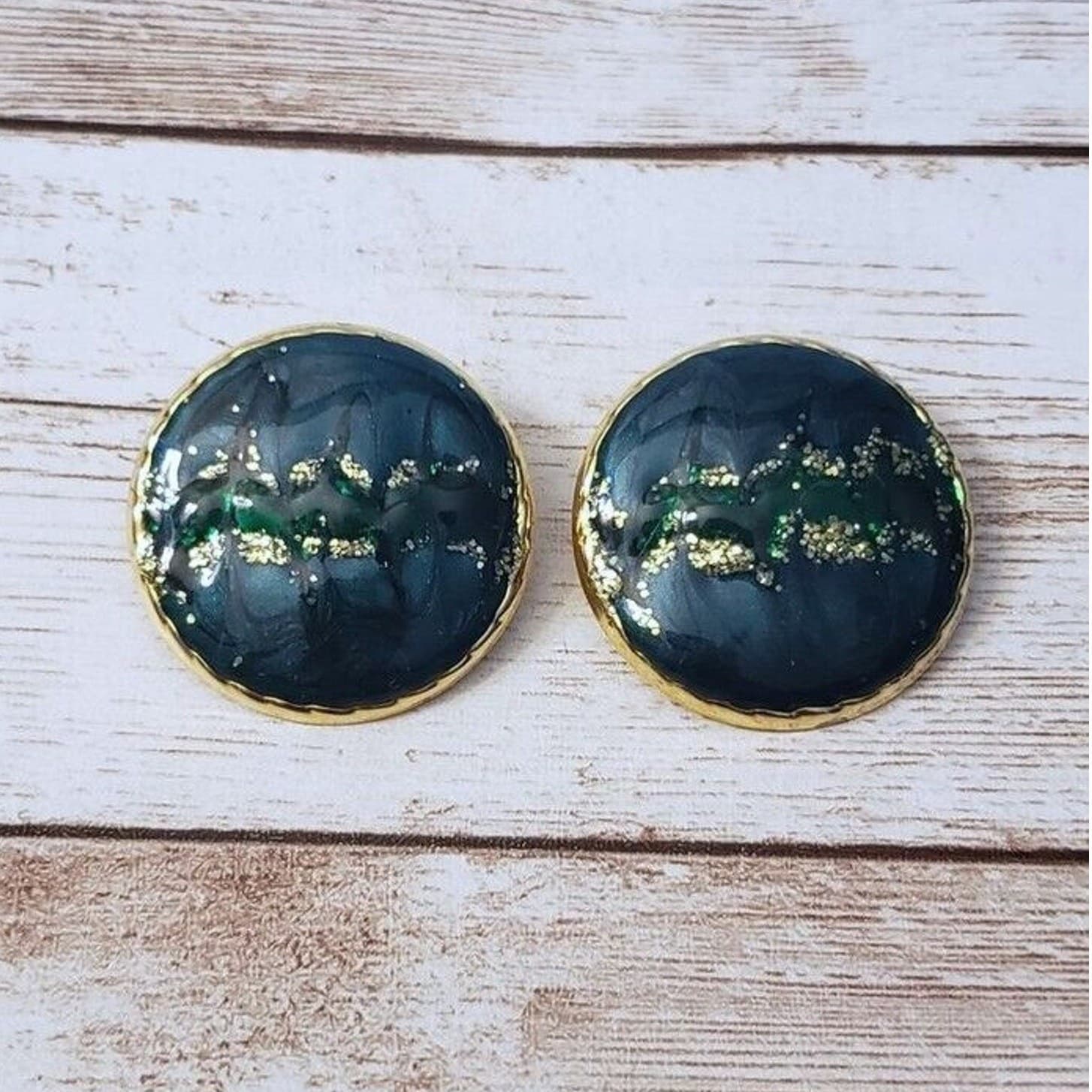 Vintage Clip On Earrings Green Statement Circle with Glitter Detail