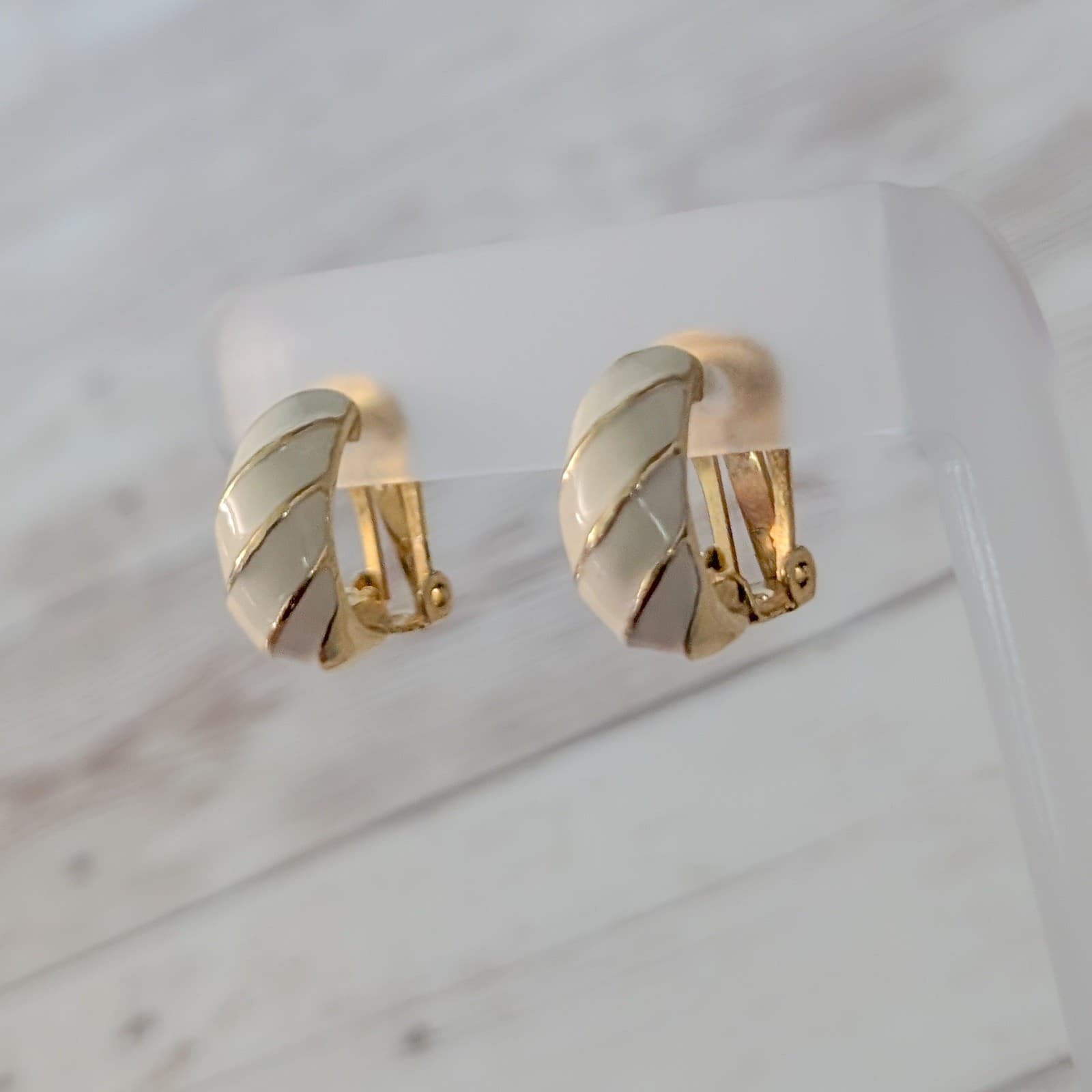 Vintage Clip On Earrings Statement Cream Enamel & Gold Tone Half Hoop