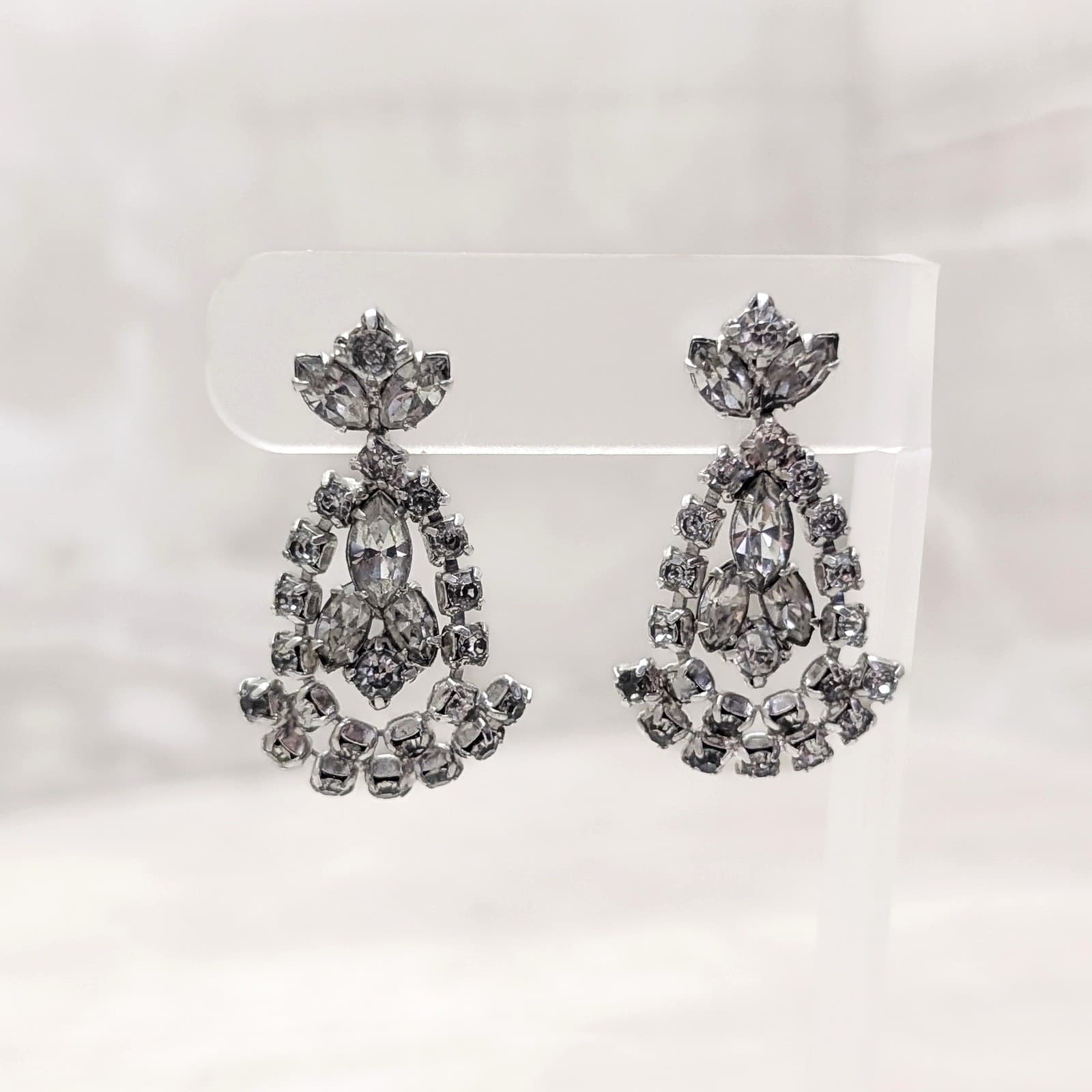 Vintage Screw Back Earrings Dark Clear Gems Large Statement Dangle