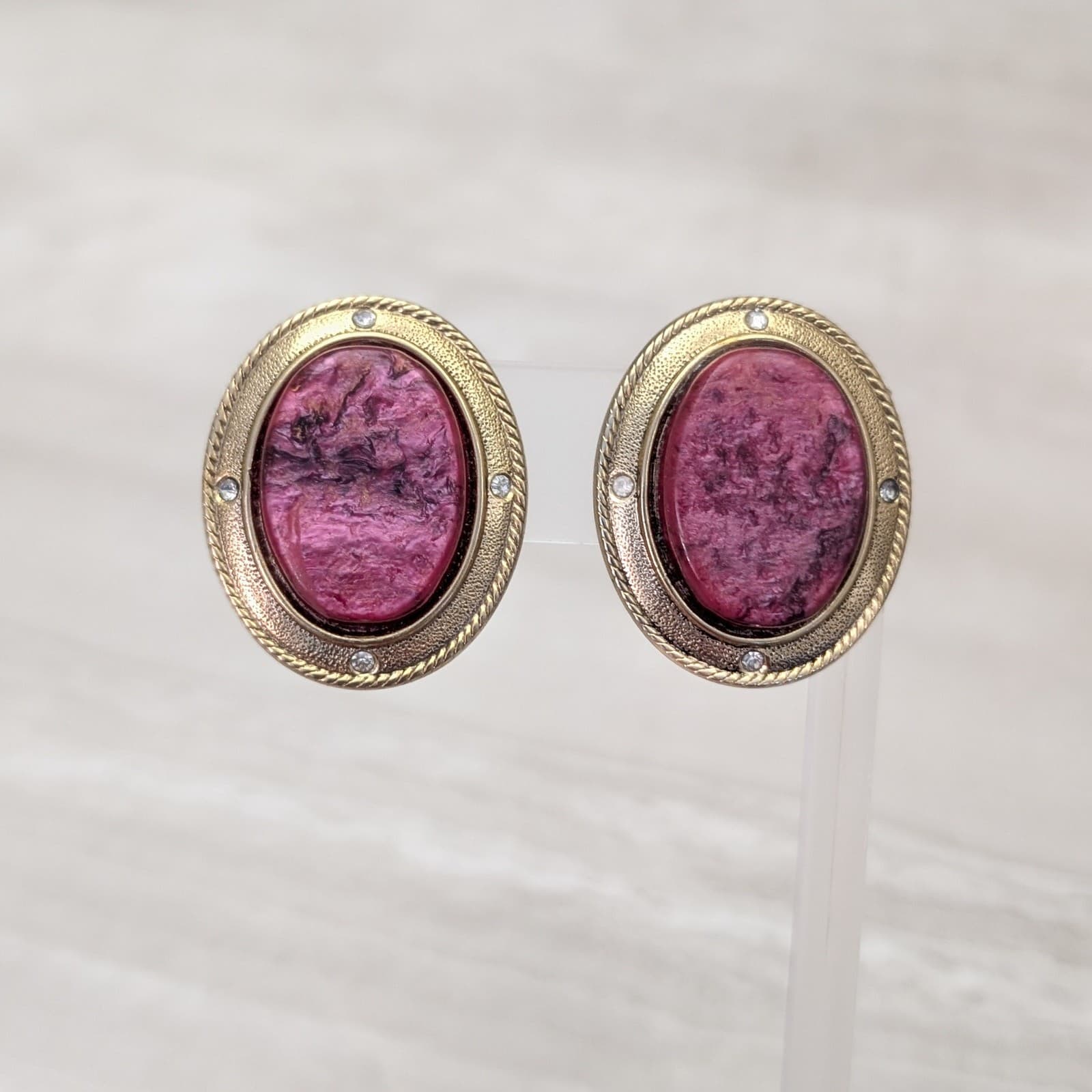 Vintage Clip On Earrings 1 & 3/8" Large Oval Red Center Gold Tone Clear Gems