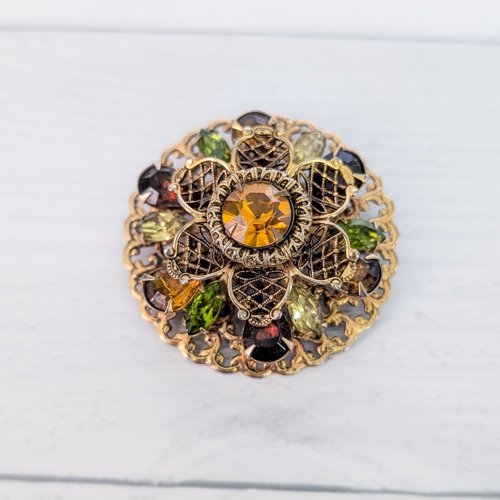 Vintage Brooch / Pin 1 & 7/8" Large Fall Amber Tone/Green Tones/Gold Tone