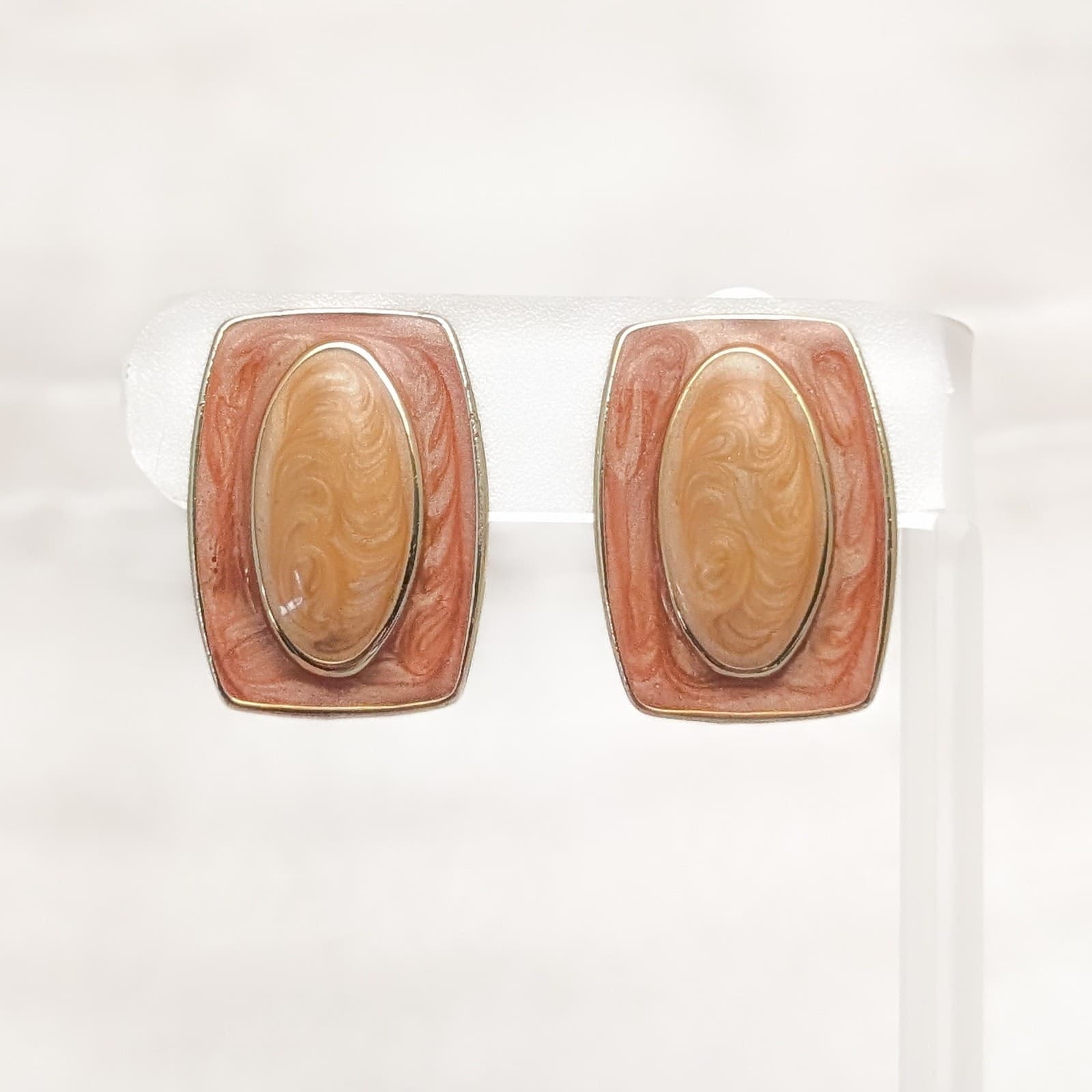 Vintage Clip On Earrings 1 & 1/8" Orange Enamel Large Stylish Retro Statement