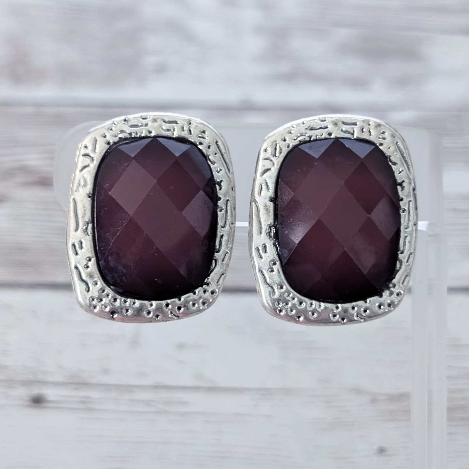 Vintage Clip On Earrings Large & Chunky Burgundy Gem with Statement Halo 1.25"