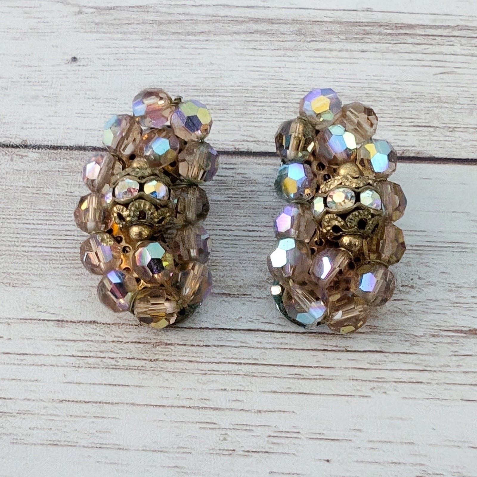 Vintage Clip On Earrings Tan Iridescent Large Statement