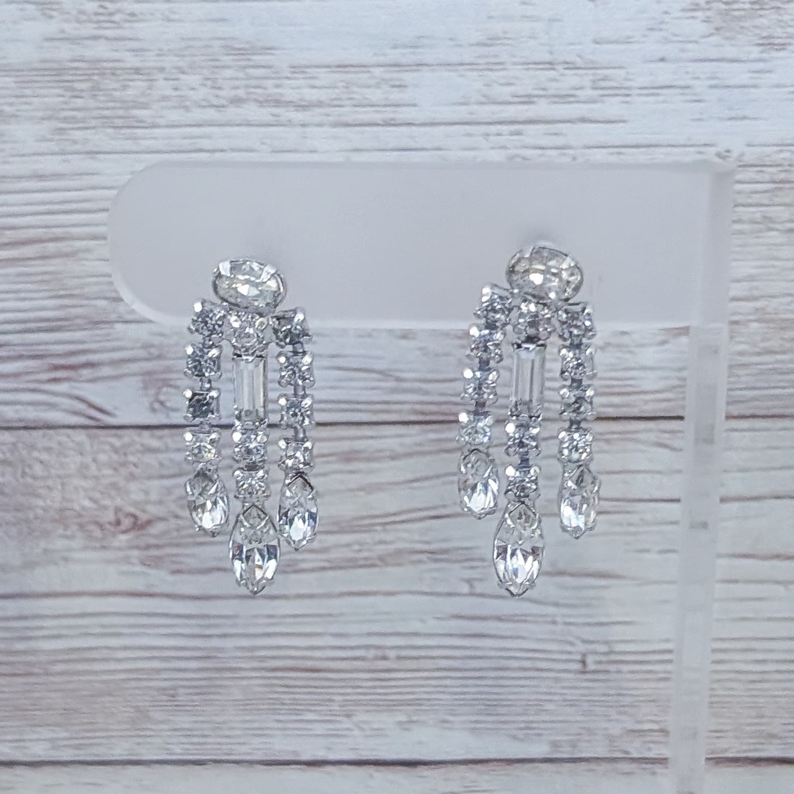 Vintage Screw On Earrings Stylish Clear Gem Three Row Dangle