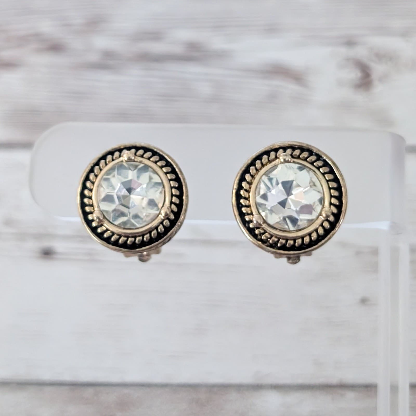 Vintage Clip On Earrings Stunning Clear Gem with Statement Gold Tone Halo