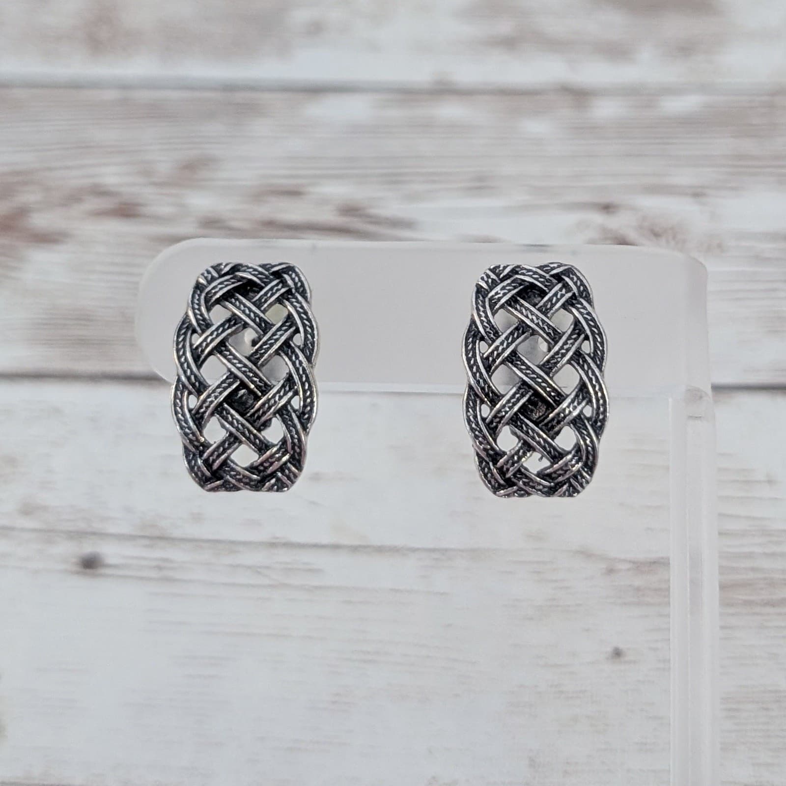 Vintage Clip On Earrings Dark Silver Tone Woven Design Statement