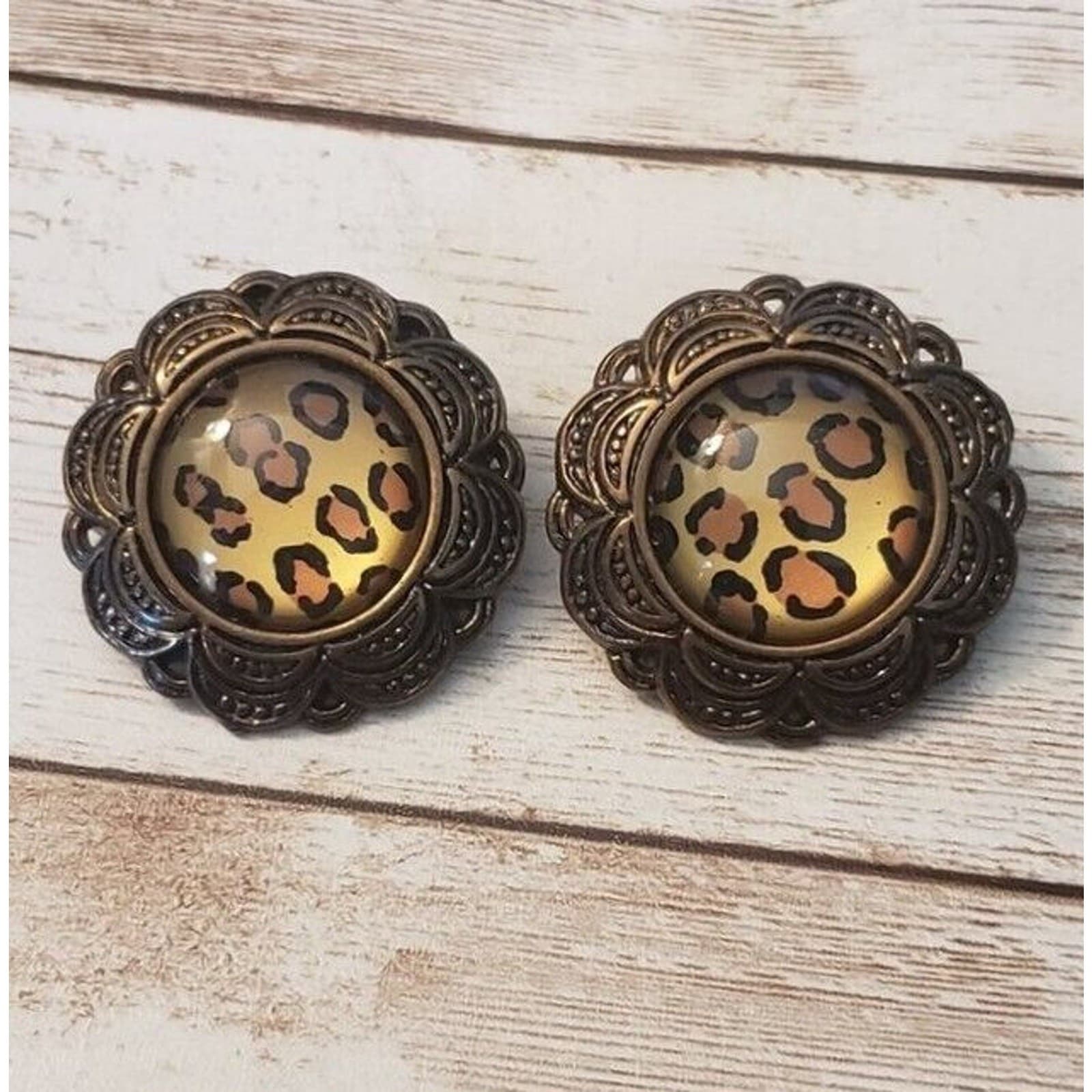 Vintage Clip On Earrings - Large Statement Bronze Tone with Animal Print