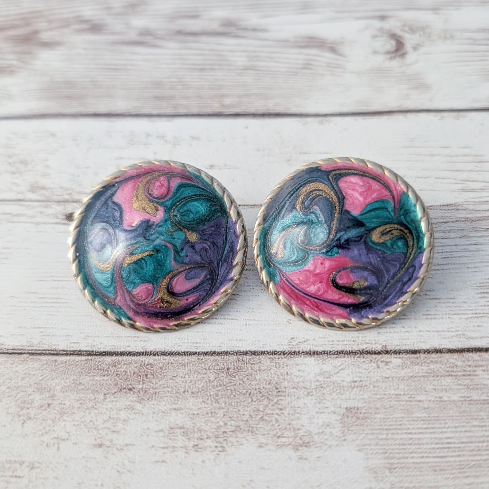 Vintage Stud Earrings Large Circle Statement Pink, Purple, Green Tones