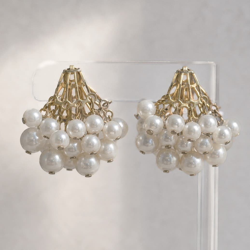 Vintage Clip On Earrings Statement Large Cluster of Faux Pearls