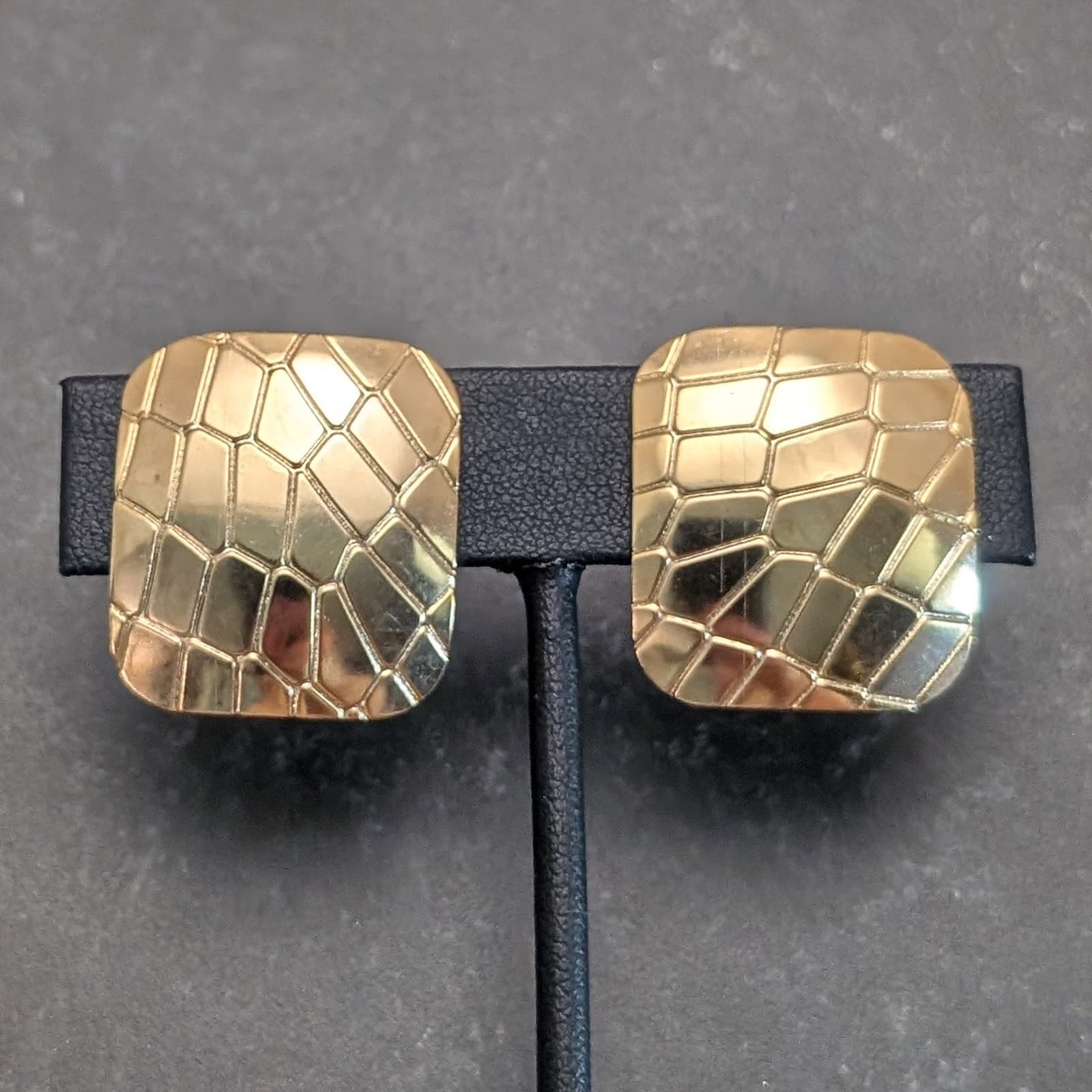 Vintage Clip On Earrings Large Stylish Gold Tone Rounded Square Scale Design