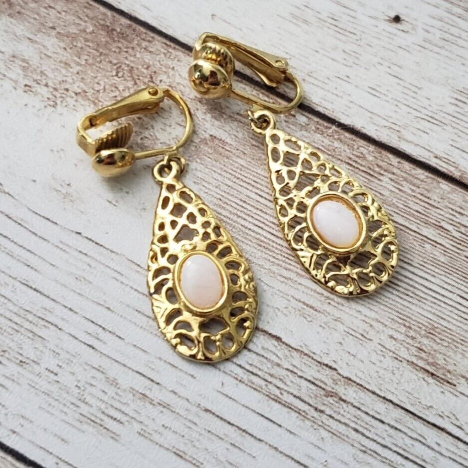 Vintage Clip On Earrings Ornate Gold Tone Dangle with Cream Center