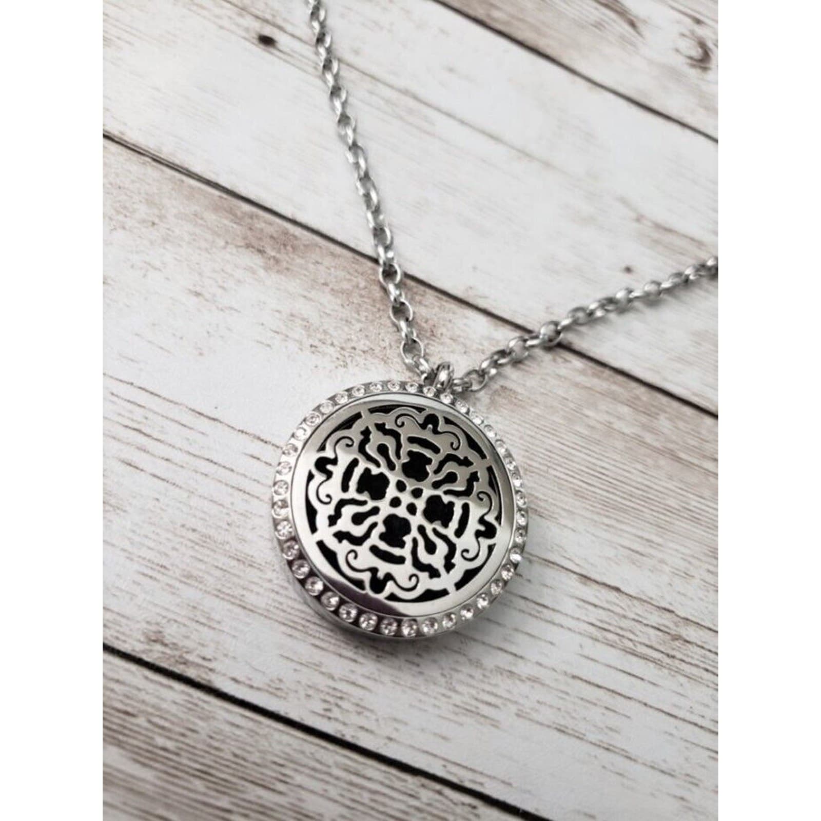Long Aromatherapy Necklace - Silver Tone with Clear Gems