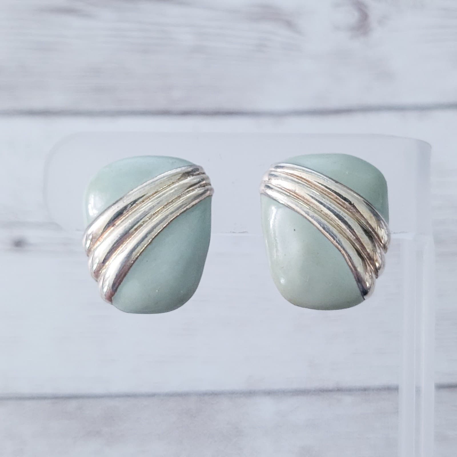 Vintage Clip On Earrings Pastel Green & Gold Tone Stylish Statement