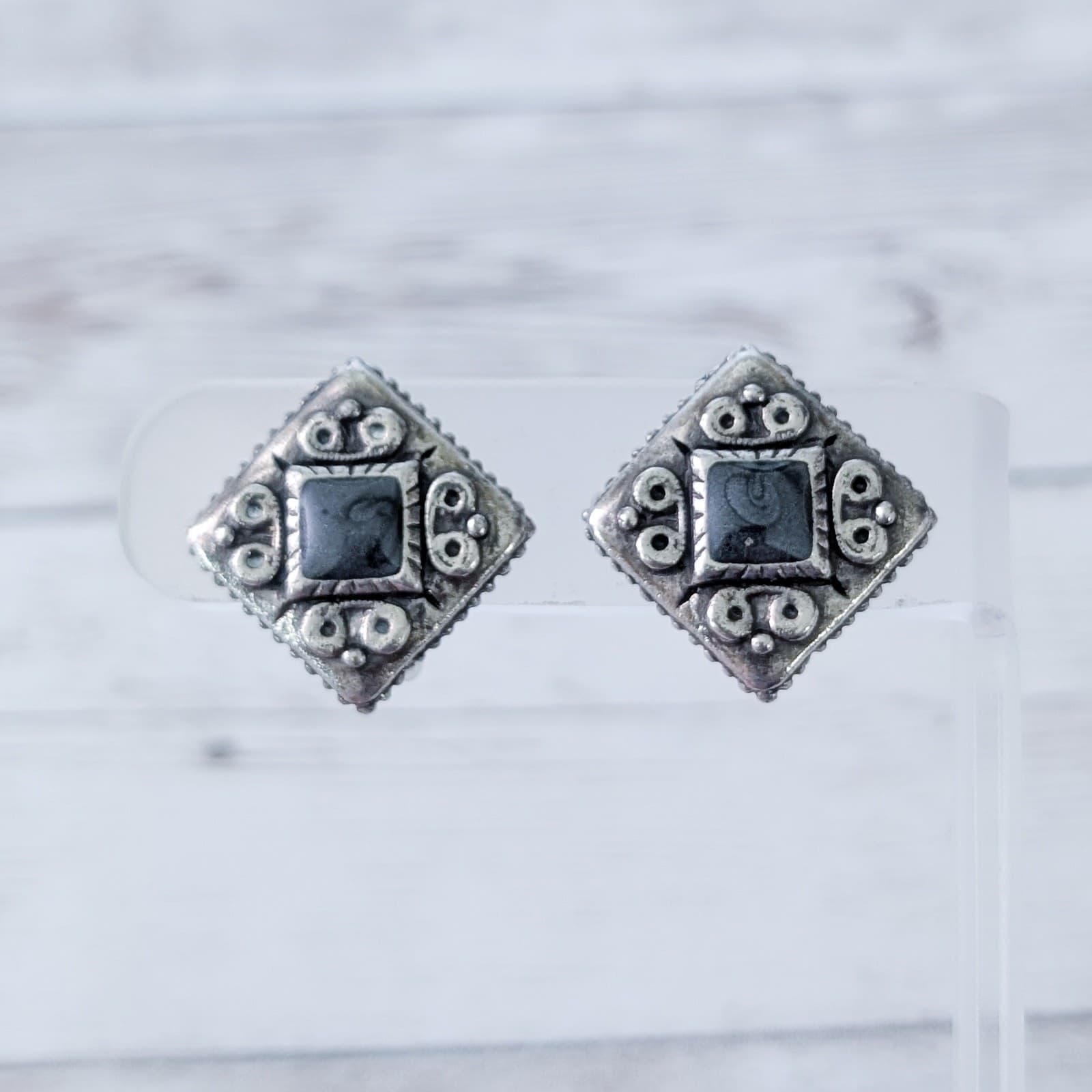Vintage Clip On Earrings Dark Silver Tone & Dusky Dark Blue