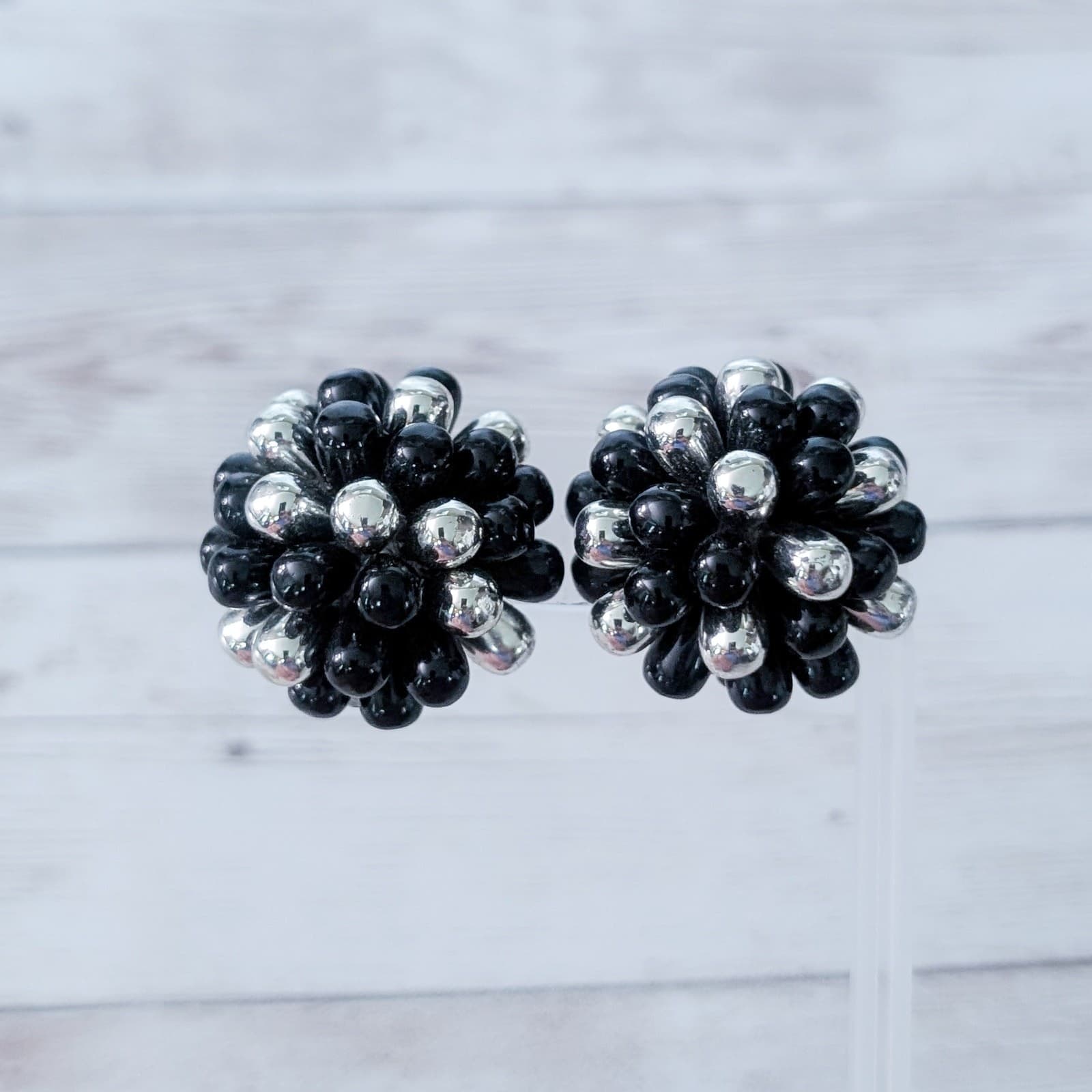 Vintage Clip On Earrings 3D Large Chunky Statement Black & Silver Tone