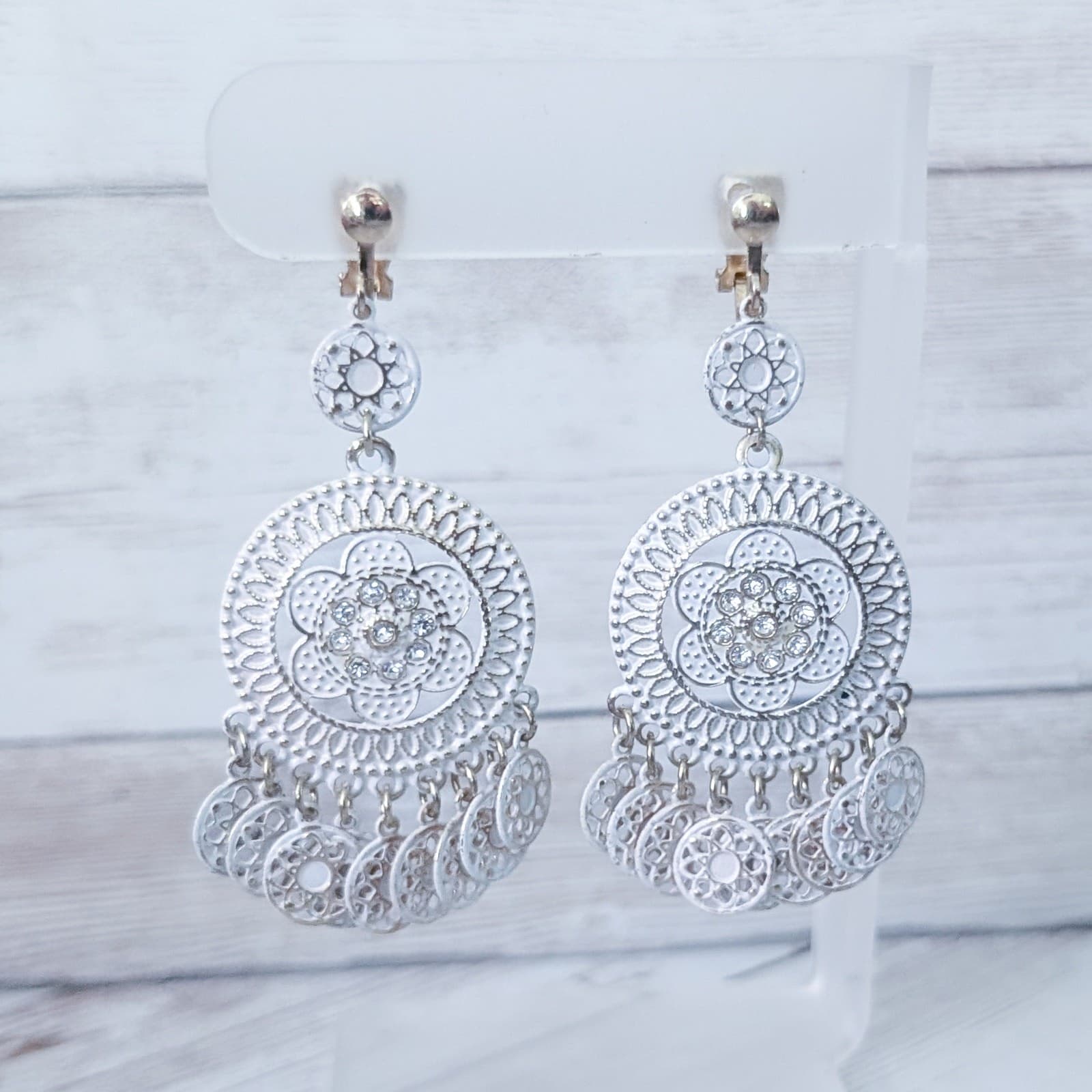 Vintage Clip On Earrings Extra Large White & Gold Tone Dangle 2.25"