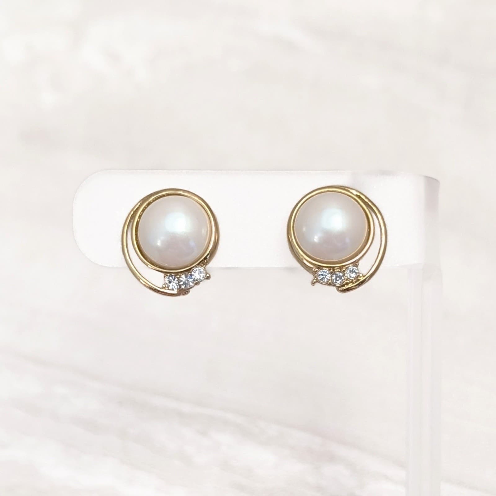 Vintage Clip On Earrings - Stylish & Regal - Faux Pearl, Gold Tone, Clear Gems