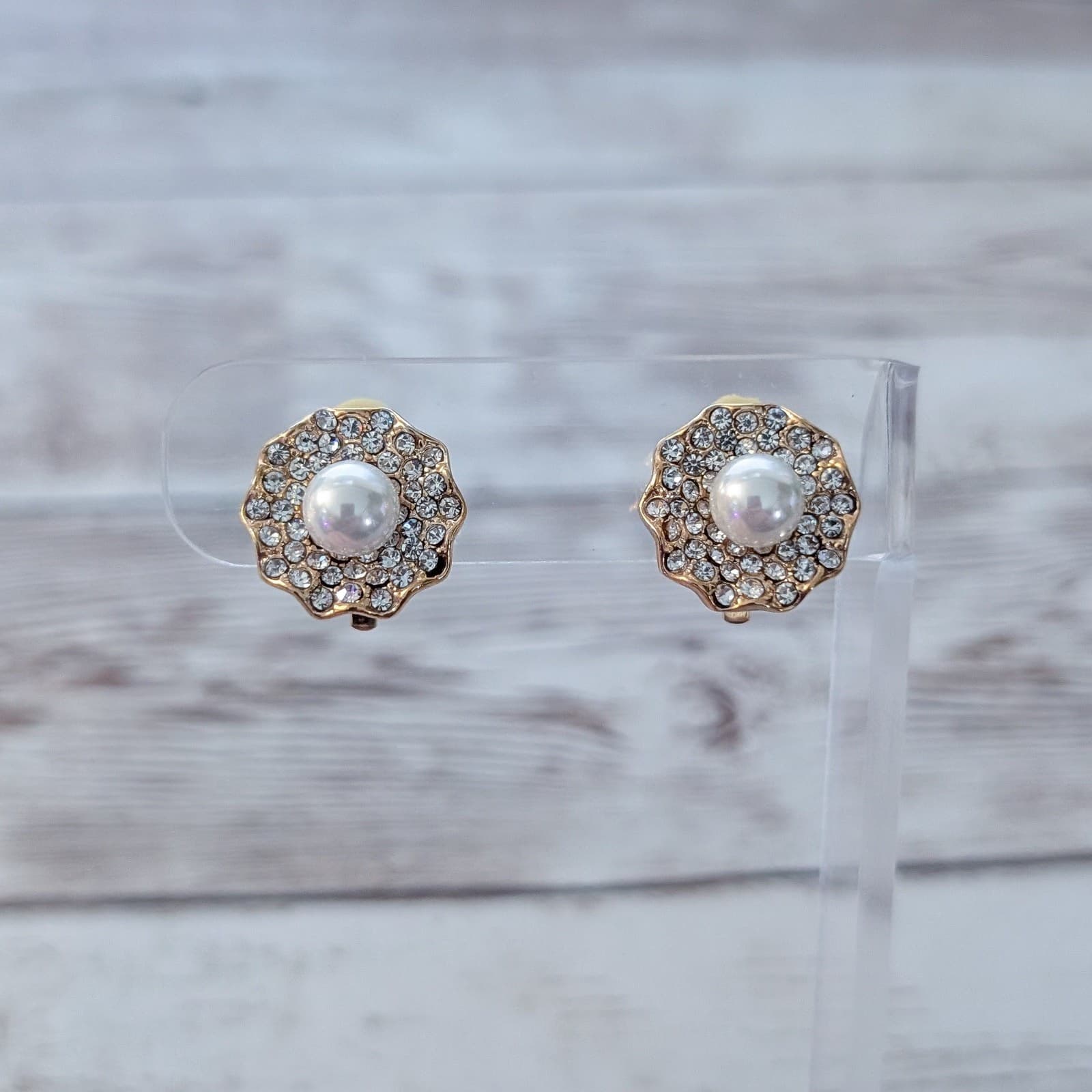 Vintage Clip On Earrings Stunning Faux Pearl & Clear Gems 5/8"