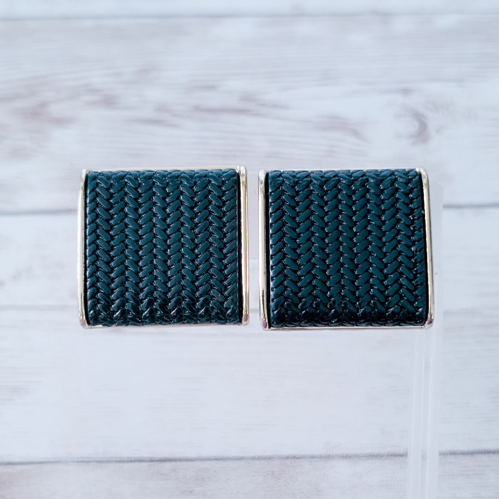 Vintage Clip On Earrings Large 1 & 1/8" Gold Tone & Green Square Statement