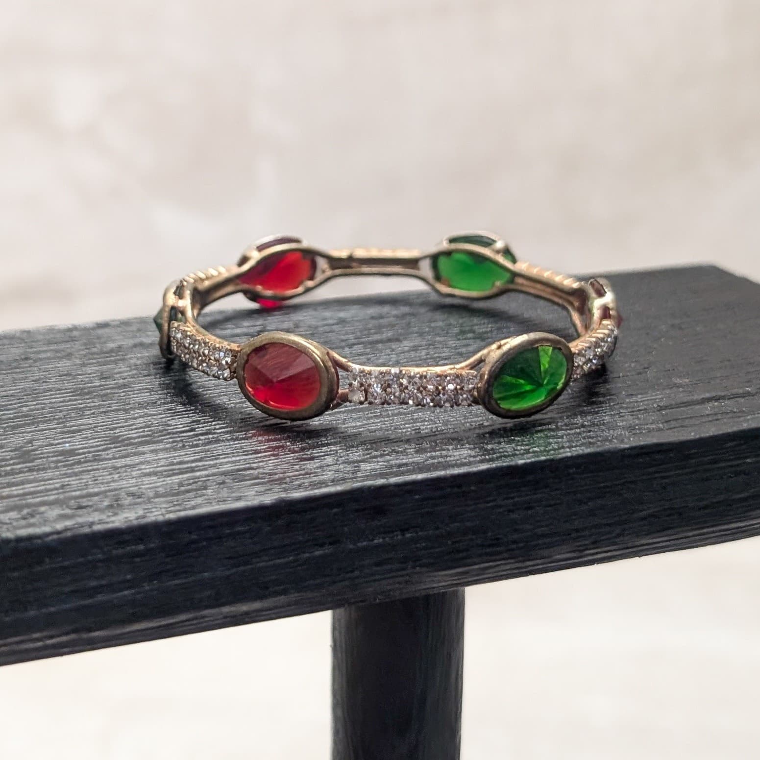 Vintage Bangle Bracelet Gold Tone with Red, Green, Clear Gems - 6.75"