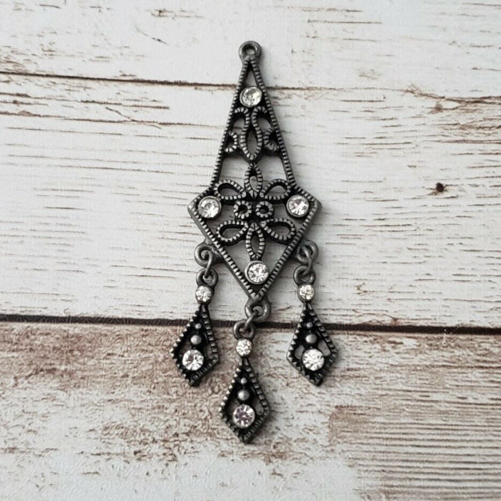 Dark Grey Pendant with Clear Gems Ornate (No Chain Included)