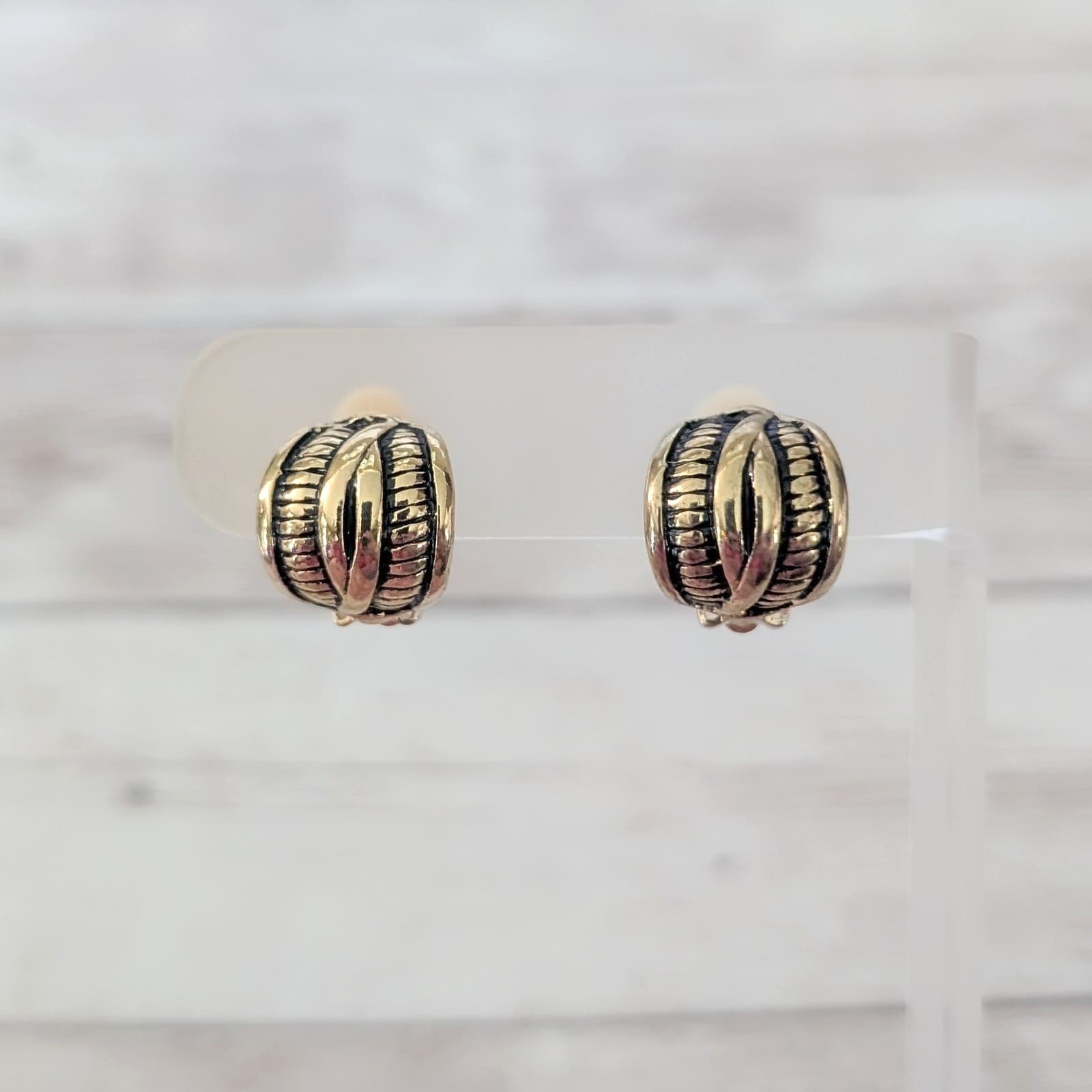 Vintage Clip On Earrings Curved Gold Tone with Black Detail